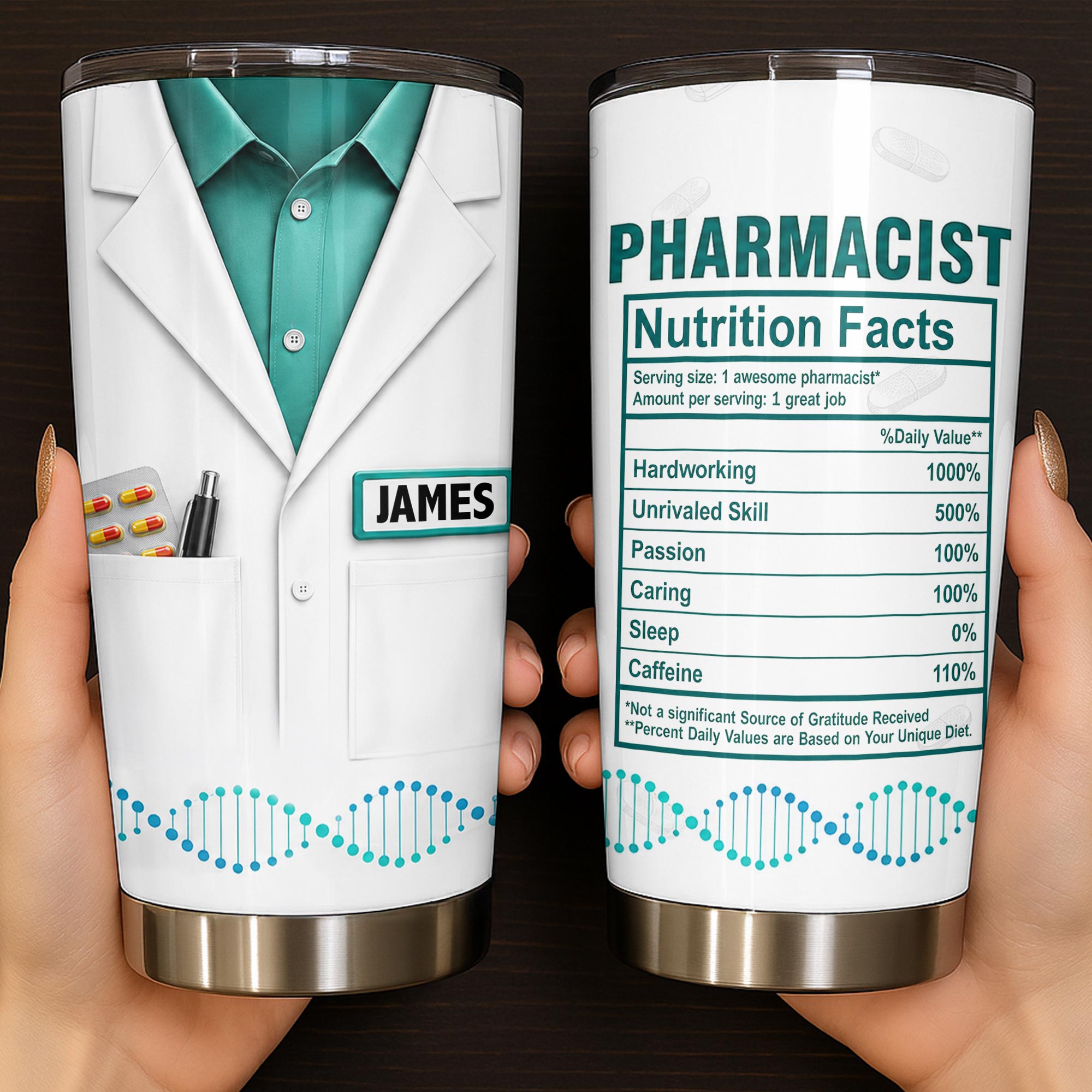 Personalized Nutrition Facts Stainless Steel Tumbler for Pharmacists - Custom 20oz/30oz Gift