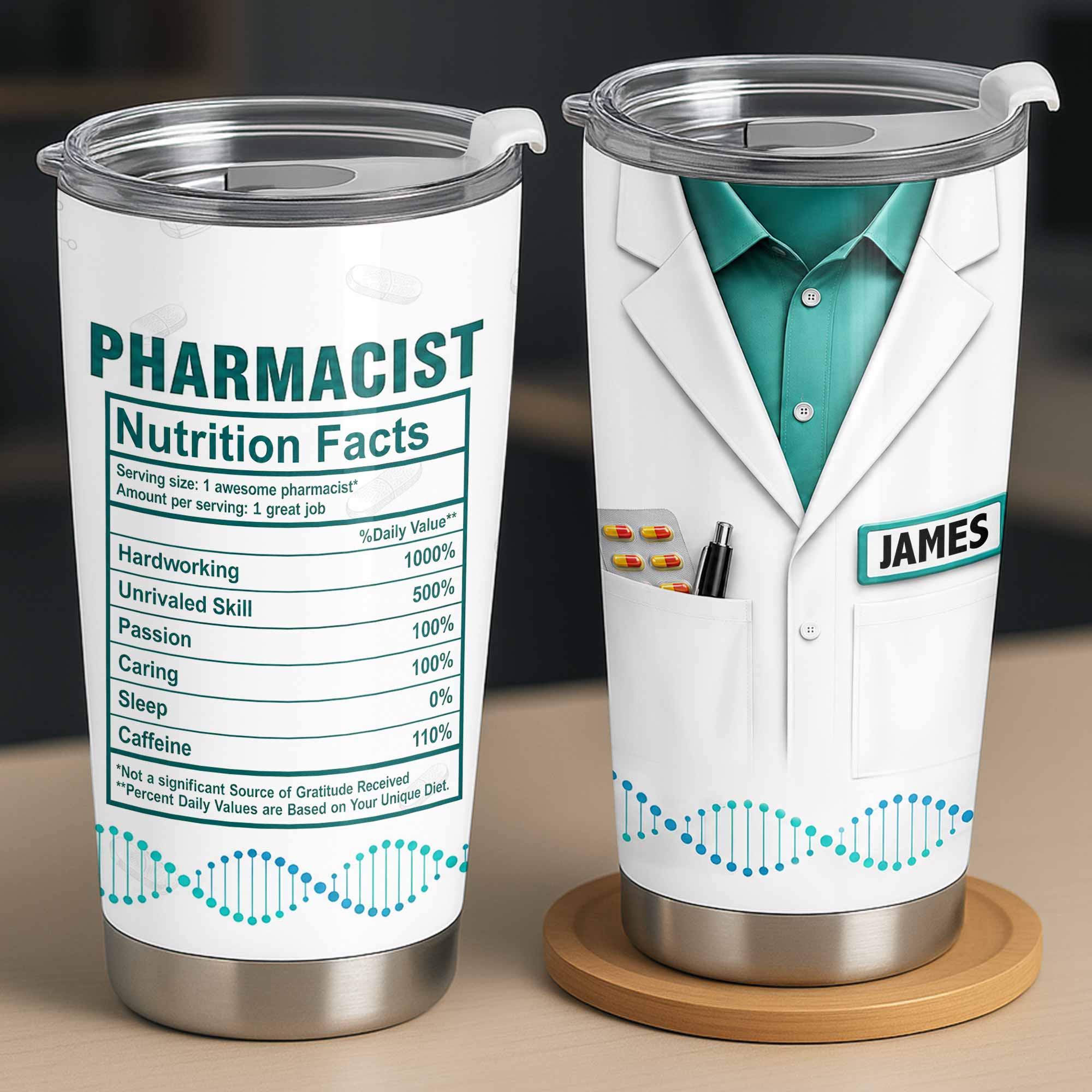 Personalized Nutrition Facts Stainless Steel Tumbler for Pharmacists - Custom 20oz/30oz Gift
