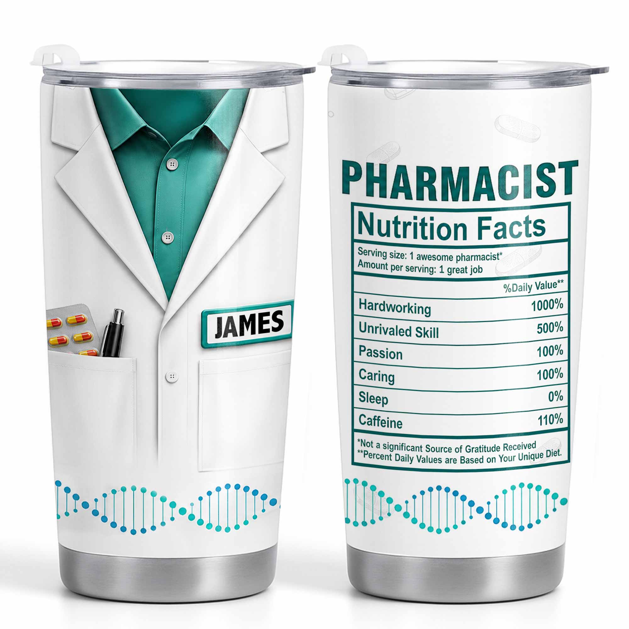 Personalized Nutrition Facts Stainless Steel Tumbler for Pharmacists - Custom 20oz/30oz Gift