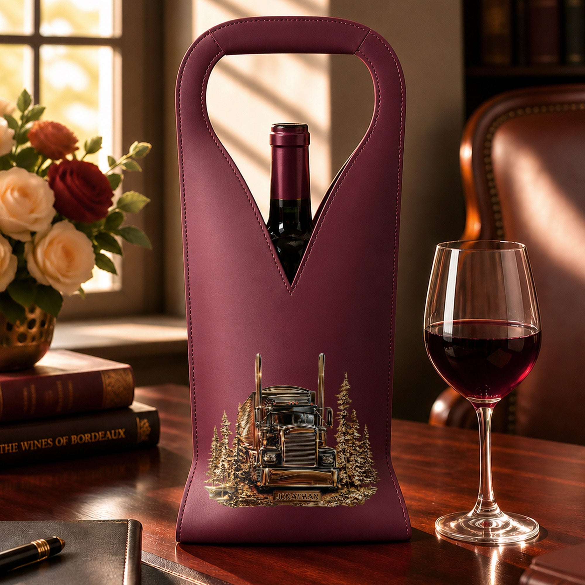 Personalized Leather Wine Bag Custom Name for Truck Driver Gift