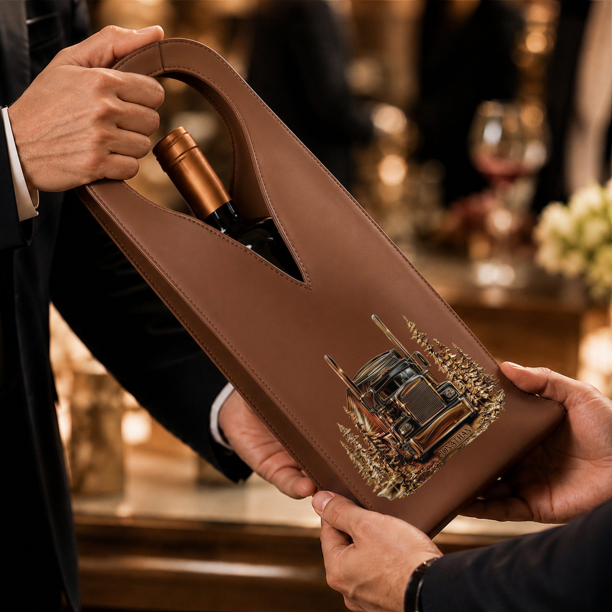 Personalized Leather Wine Bag Custom Name for Truck Driver Gift