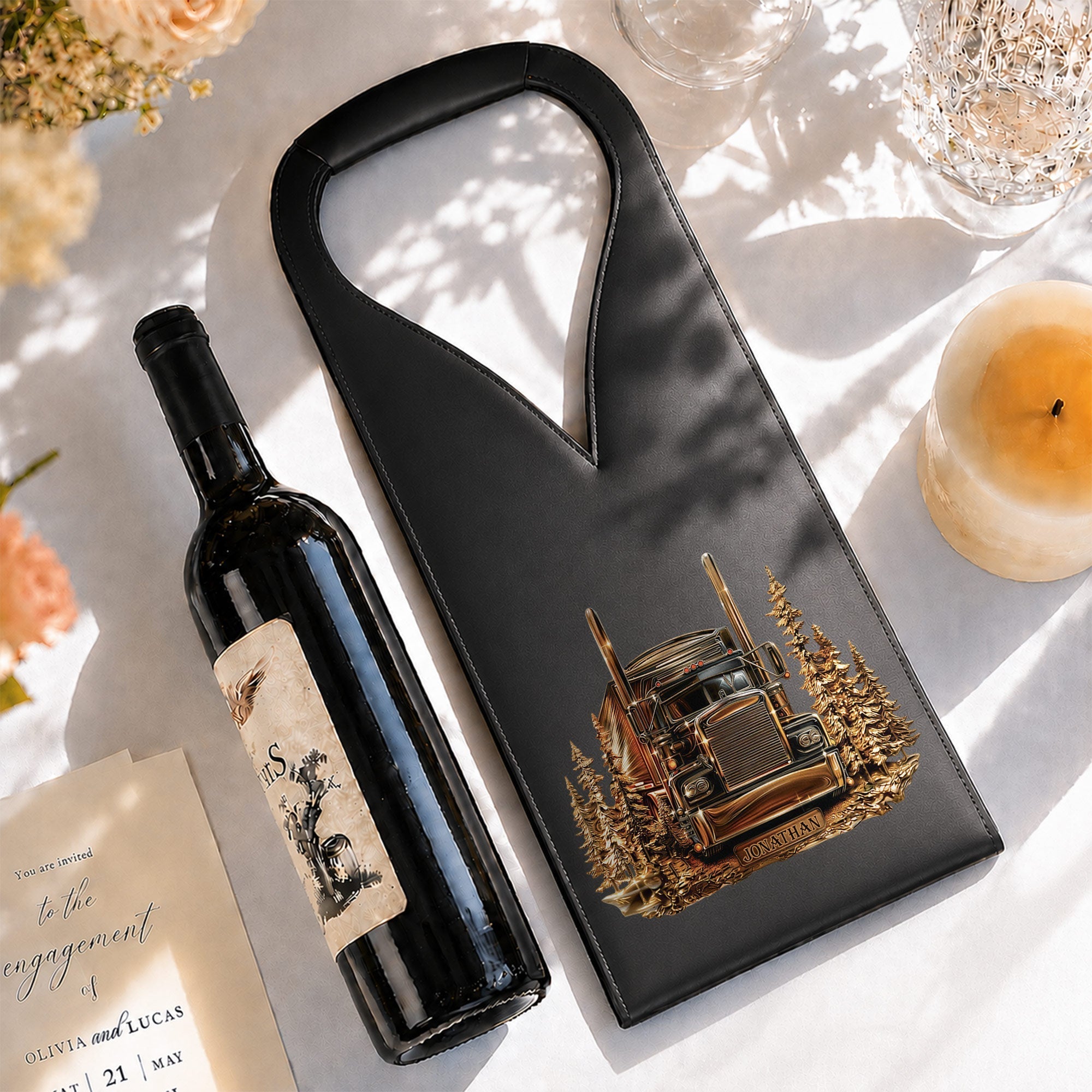 Personalized Leather Wine Bag Custom Name for Truck Driver Gift
