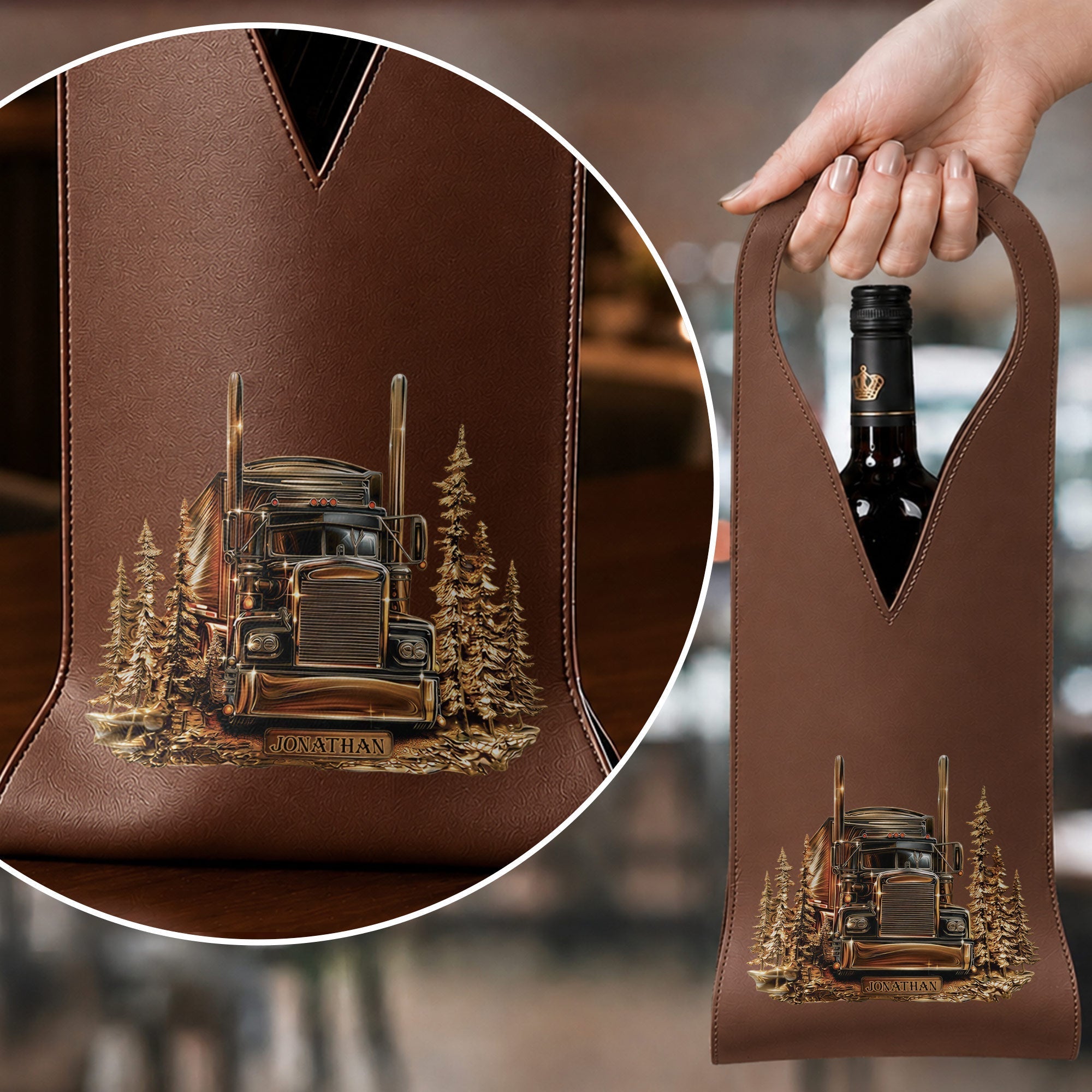 Personalized Leather Wine Bag Custom Name for Truck Driver Gift