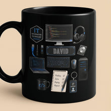 Load image into Gallery viewer, Personalized Black Mug Custom Quote for IT Specialist Gift
