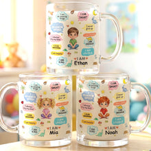 Load image into Gallery viewer, Personalized Kids Glass Mug Custom Dinosaurs Affirmation Gift
