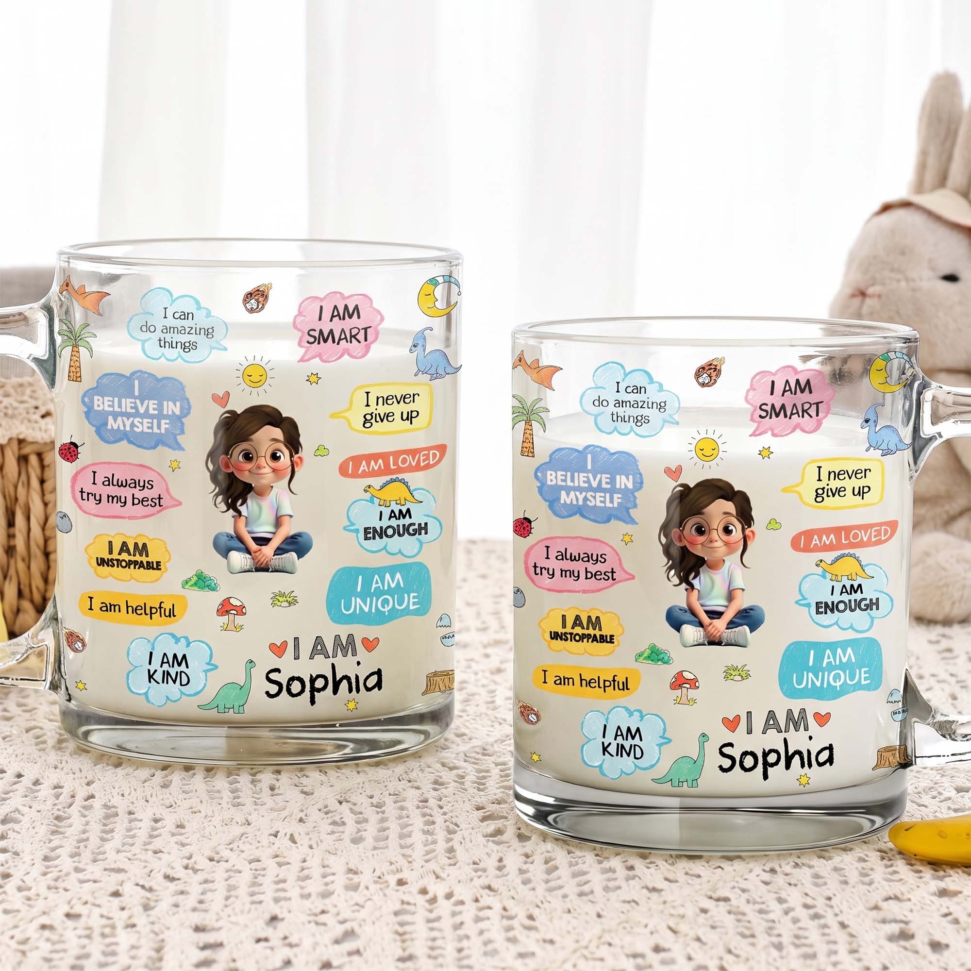 Personalized Kids Glass Mug Custom Dinosaurs Affirmation Gift
