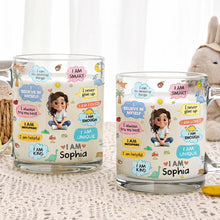 Load image into Gallery viewer, Personalized Kids Glass Mug Custom Dinosaurs Affirmation Gift
