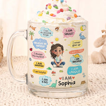 Load image into Gallery viewer, Personalized Kids Glass Mug Custom Dinosaurs Affirmation Gift
