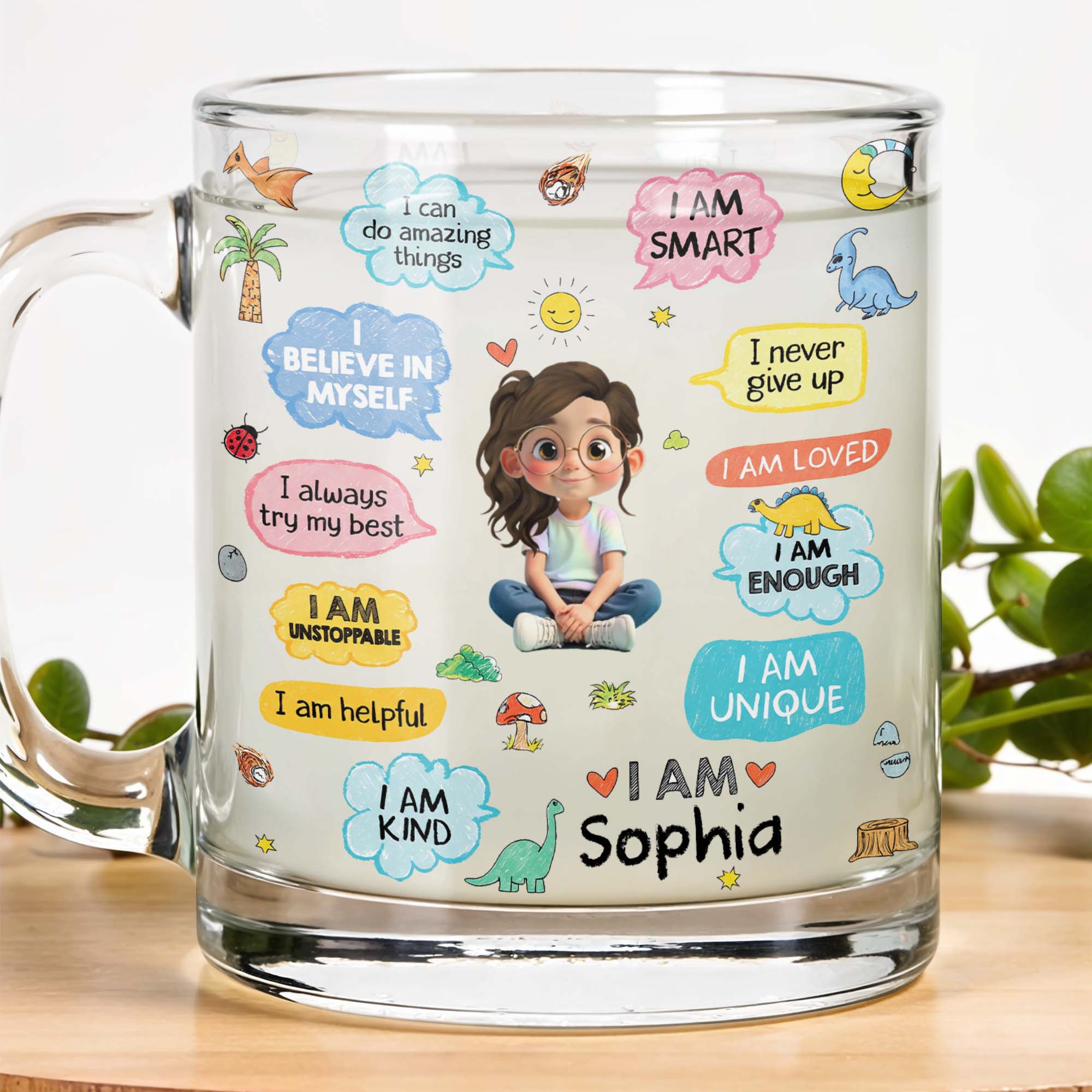 Personalized Kids Glass Mug Custom Dinosaurs Affirmation Gift