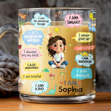 Load image into Gallery viewer, Personalized Kids Glass Mug Custom Dinosaurs Affirmation Gift
