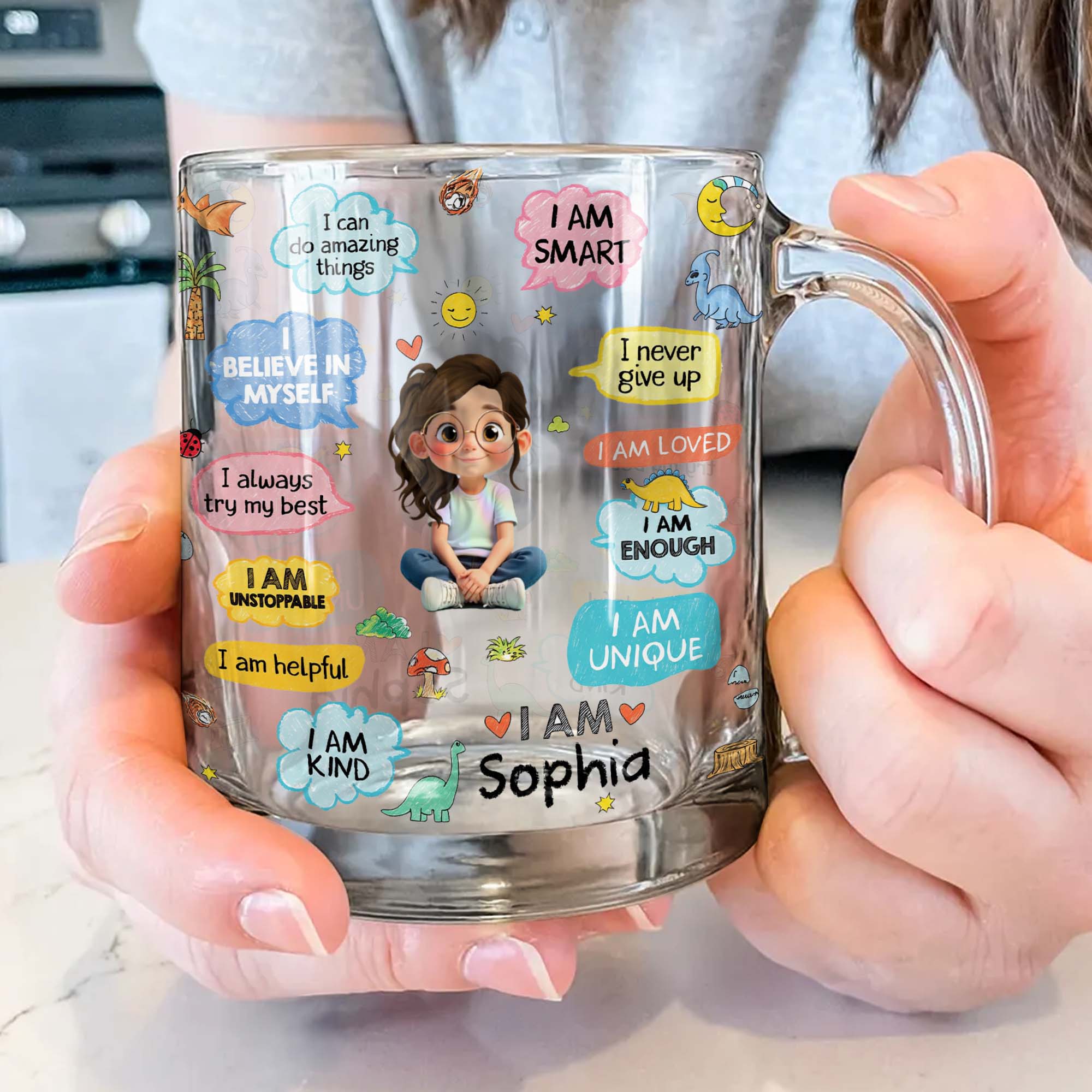 Personalized Kids Glass Mug Custom Dinosaurs Affirmation Gift