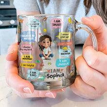 Load image into Gallery viewer, Personalized Kids Glass Mug Custom Dinosaurs Affirmation Gift
