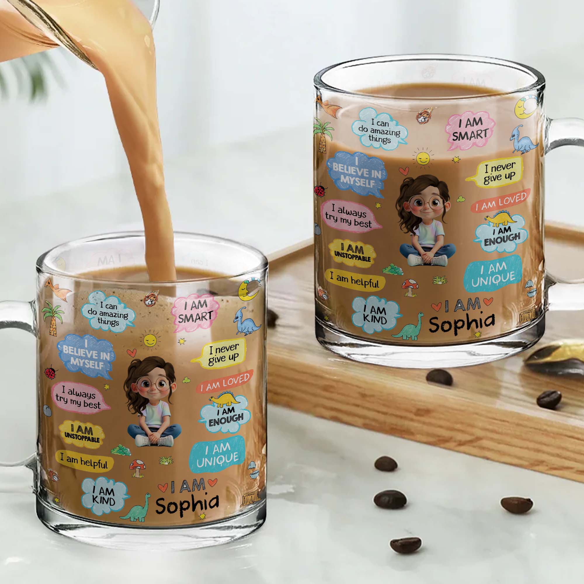 Personalized Kids Glass Mug Custom Dinosaurs Affirmation Gift