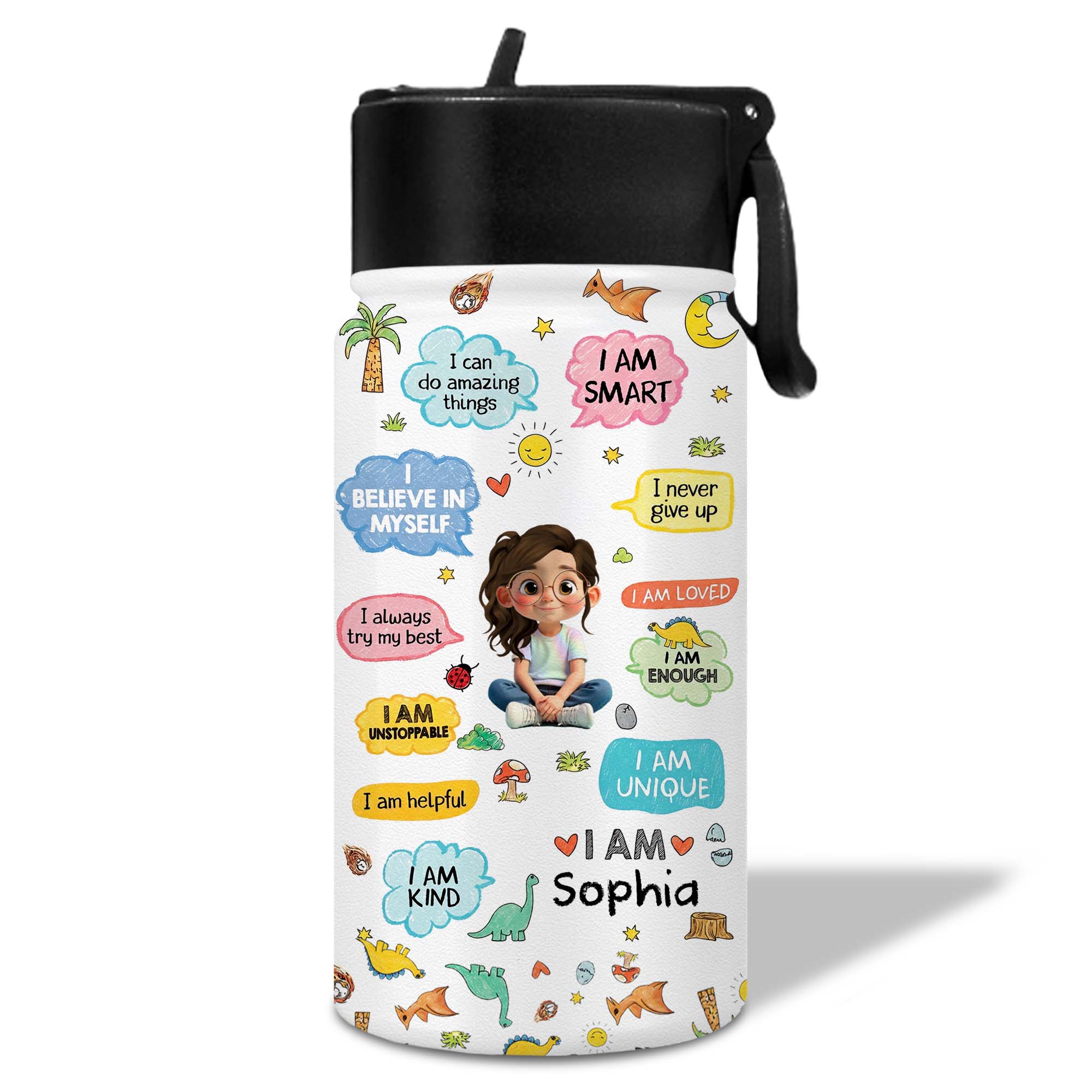 Personalized Kids Water Bottle with Straw Custom Name Dinosaur Design
