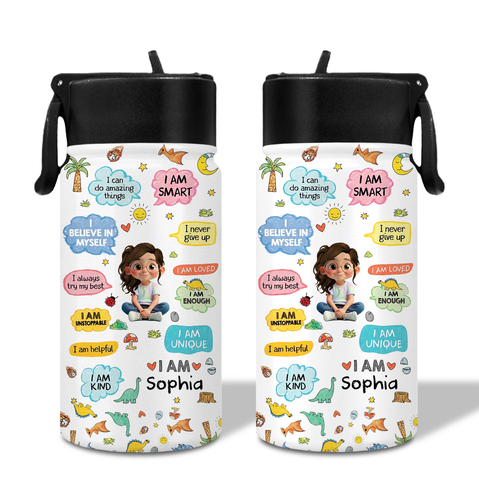 Personalized Kids Water Bottle with Straw Custom Name Dinosaur Design