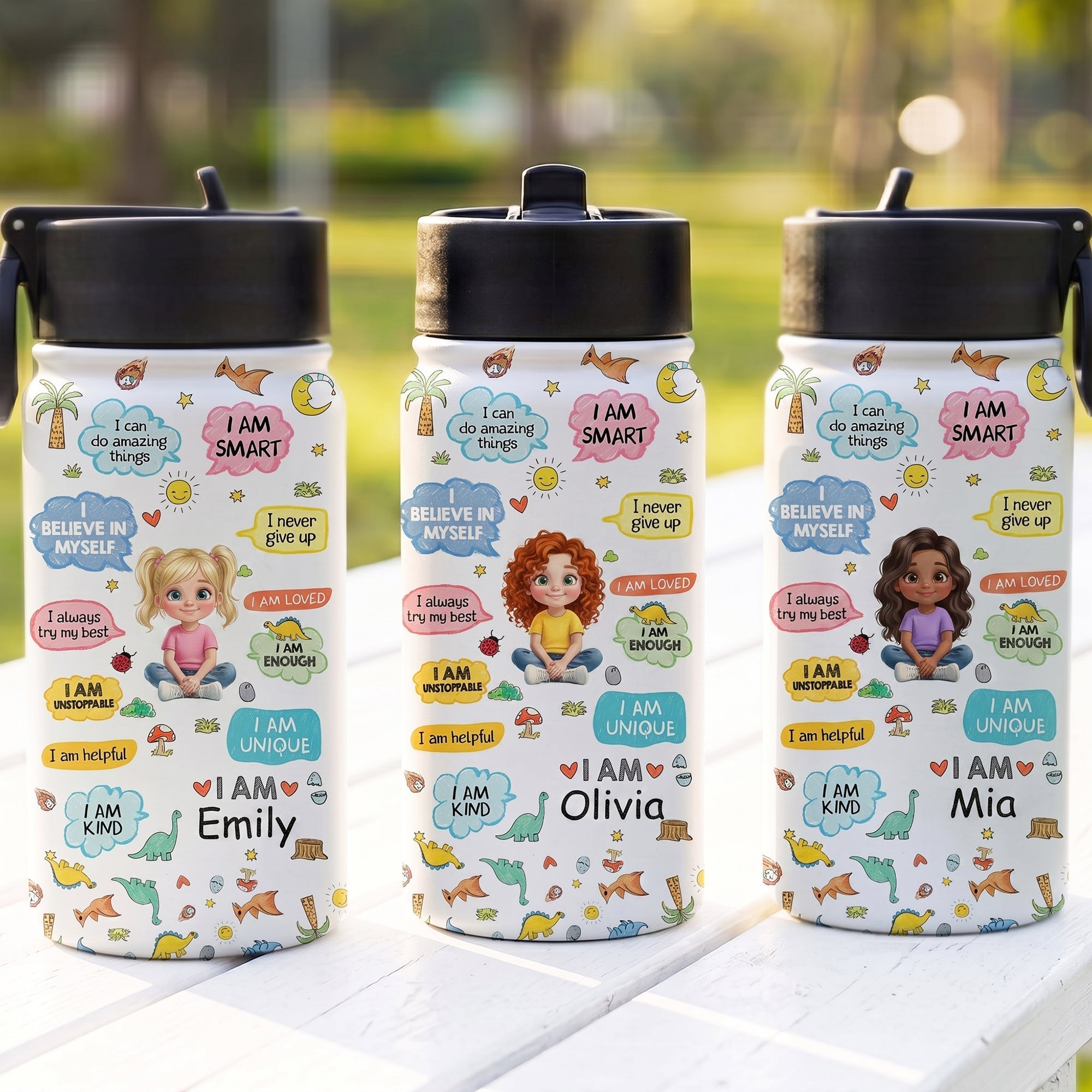 Personalized Kids Water Bottle with Straw Custom Name Dinosaur Design