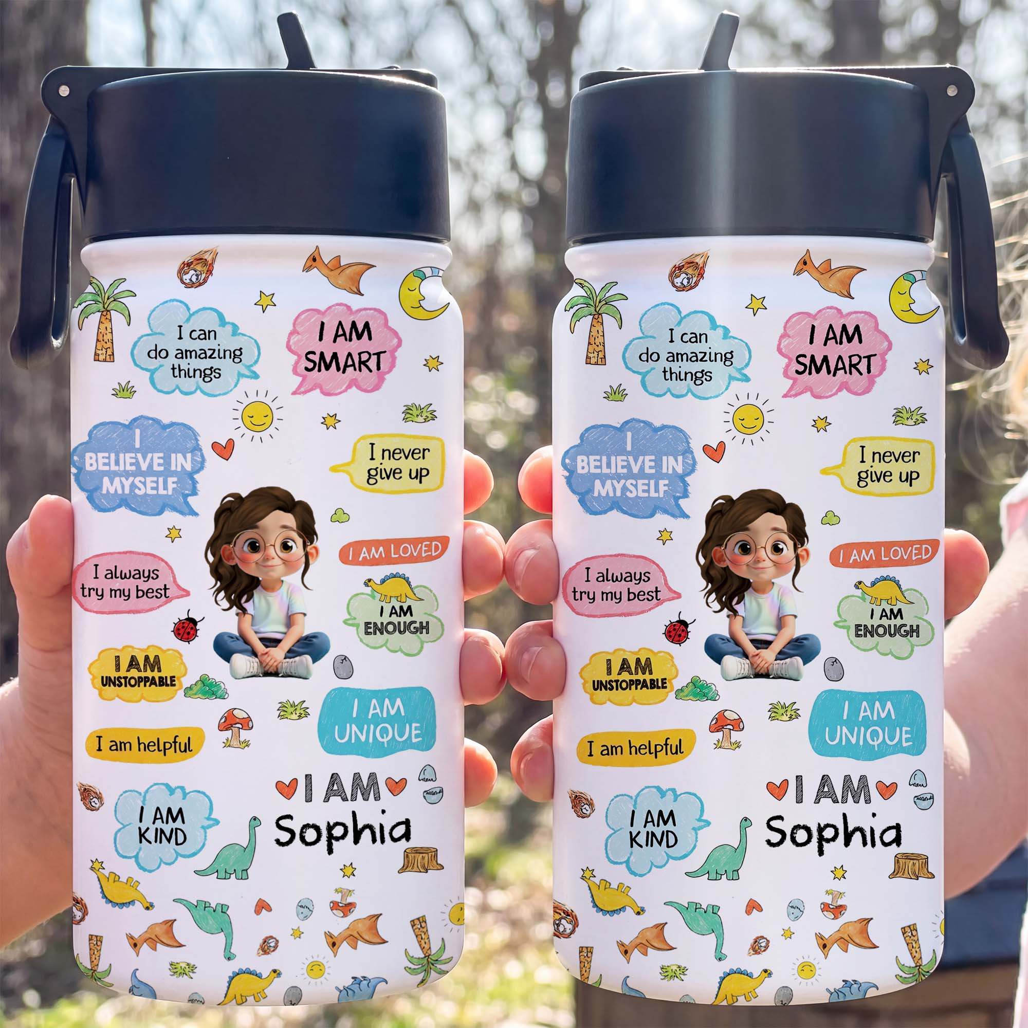 Personalized Kids Water Bottle with Straw Custom Name Dinosaur Design