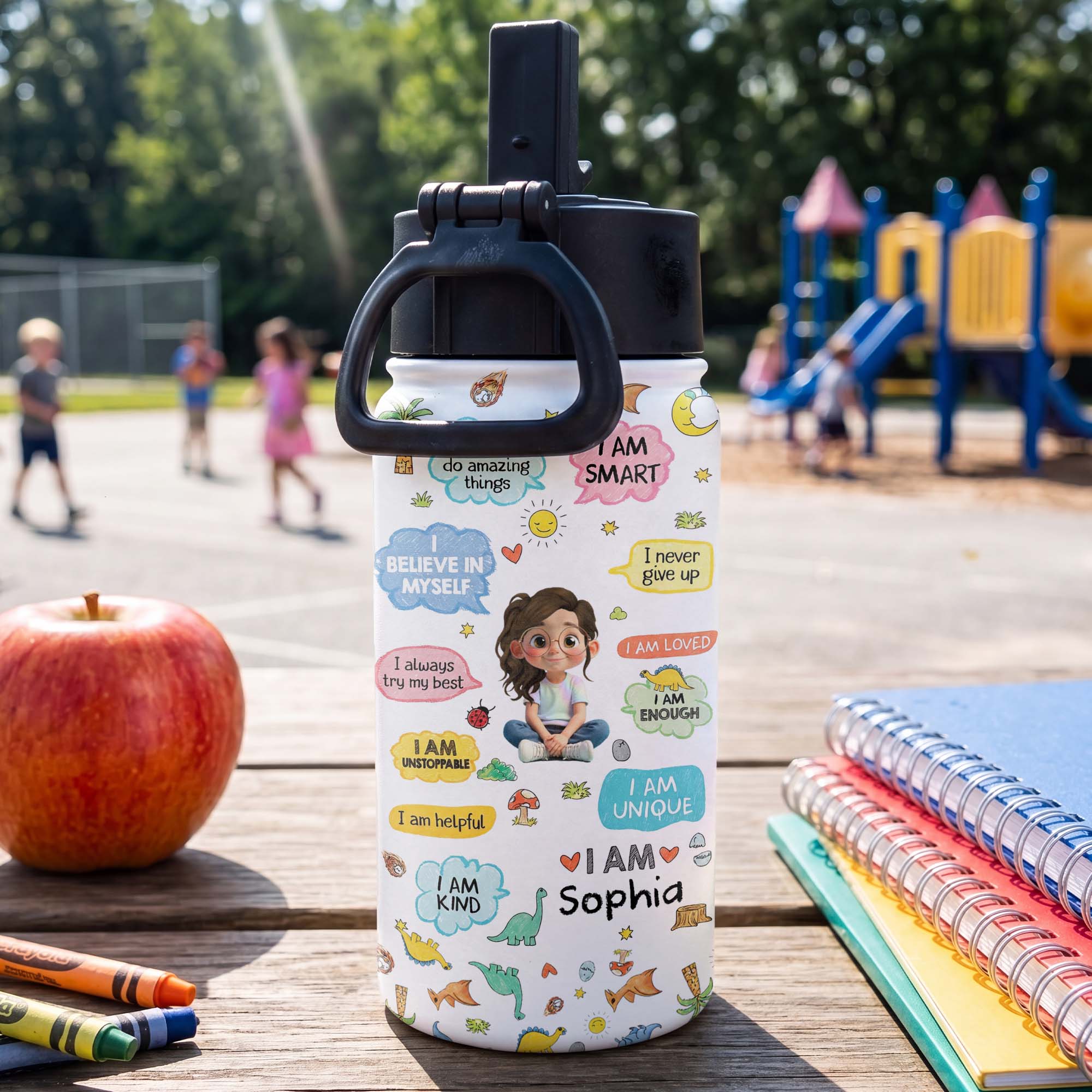 Personalized Kids Water Bottle with Straw Custom Name Dinosaur Design