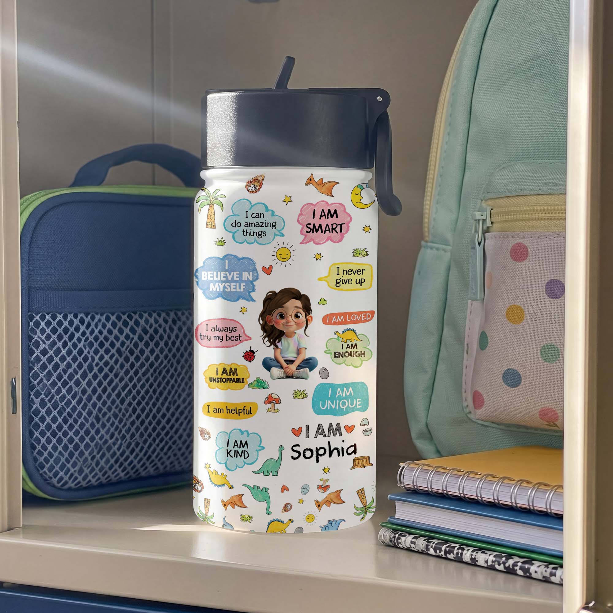 Personalized Kids Water Bottle with Straw Custom Name Dinosaur Design