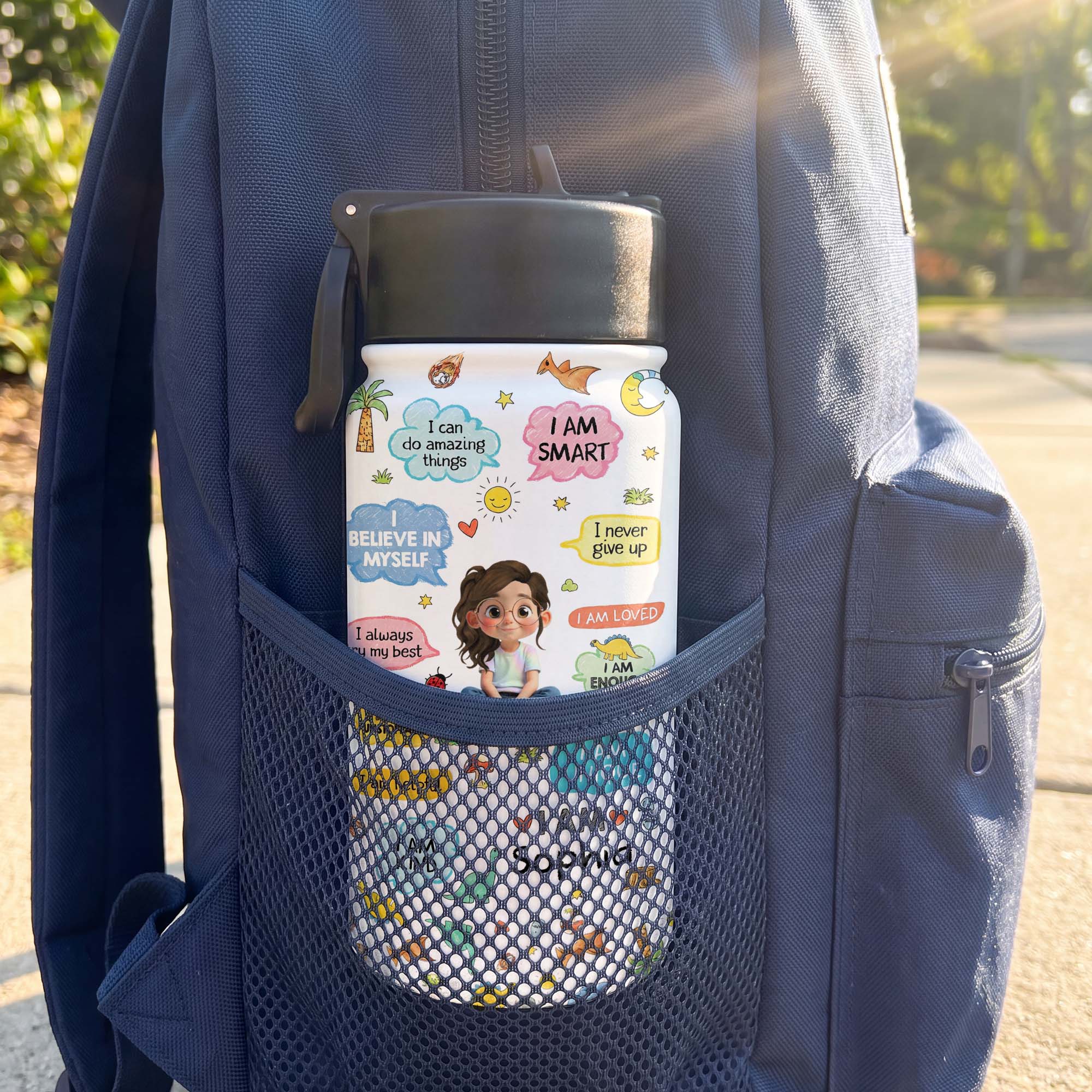 Personalized Kids Water Bottle with Straw Custom Name Dinosaur Design