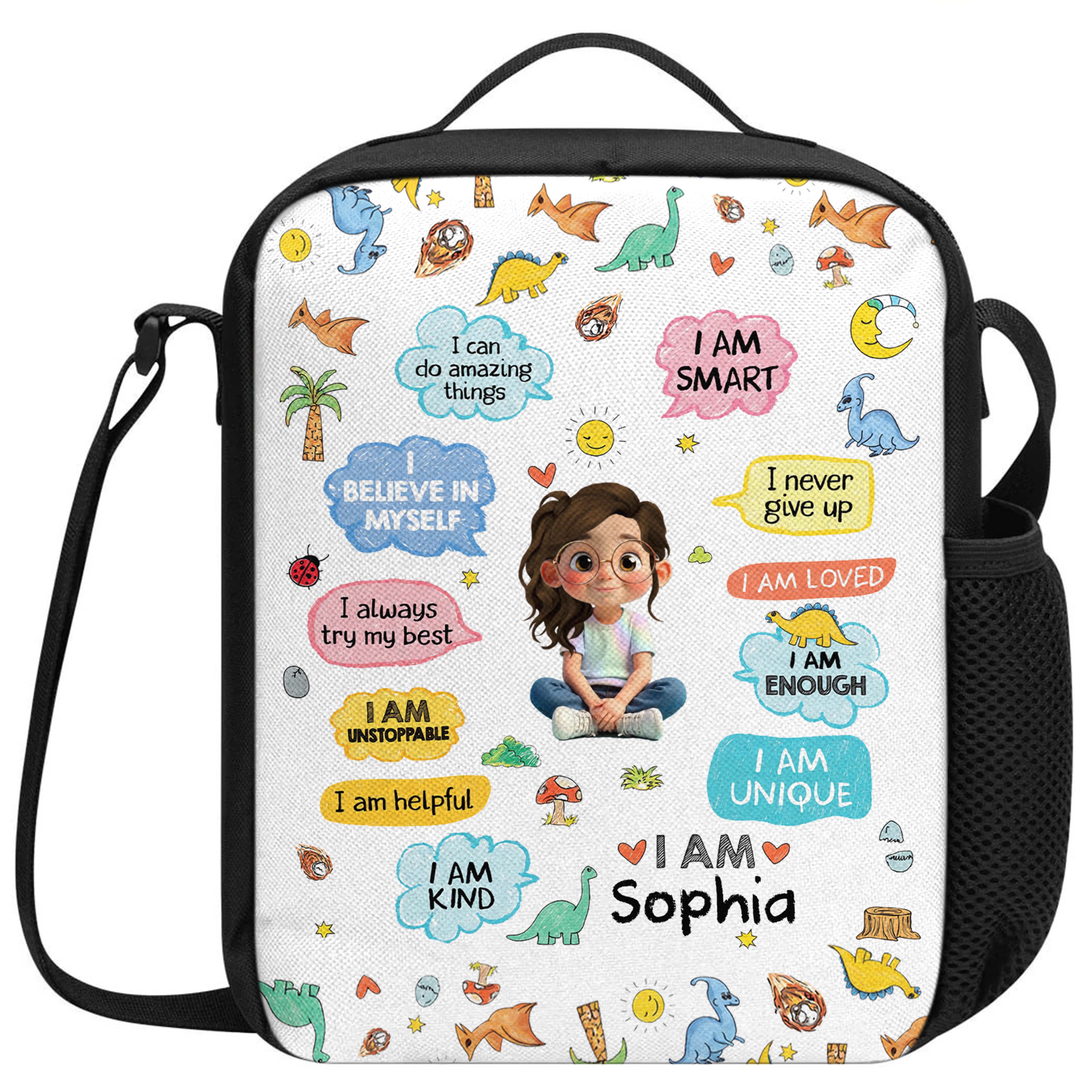 Personalized Kids Lunch Bag with Dinosaurs & Affirmations