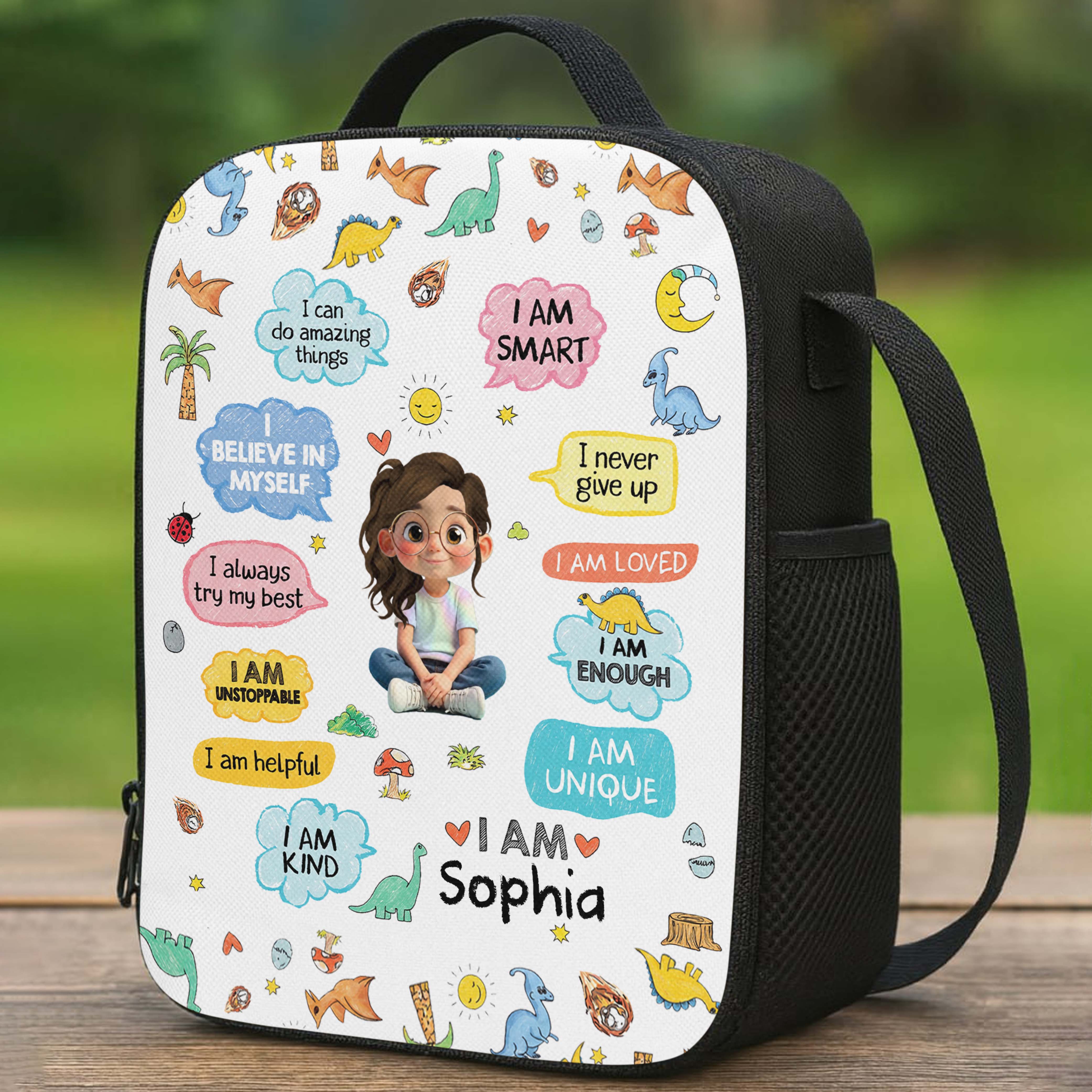 Personalized Kids Lunch Bag with Dinosaurs & Affirmations