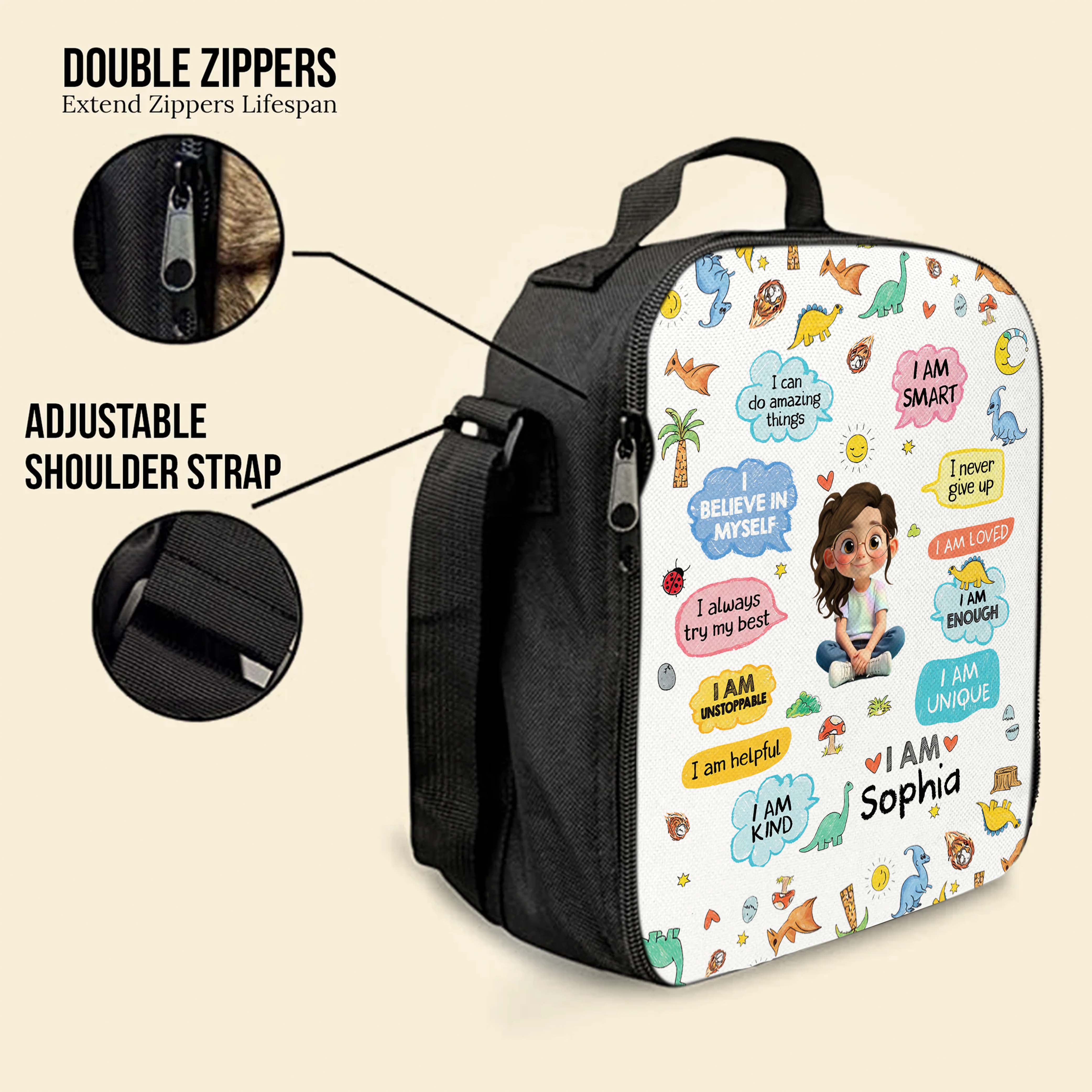 Personalized Kids Lunch Bag with Dinosaurs & Affirmations