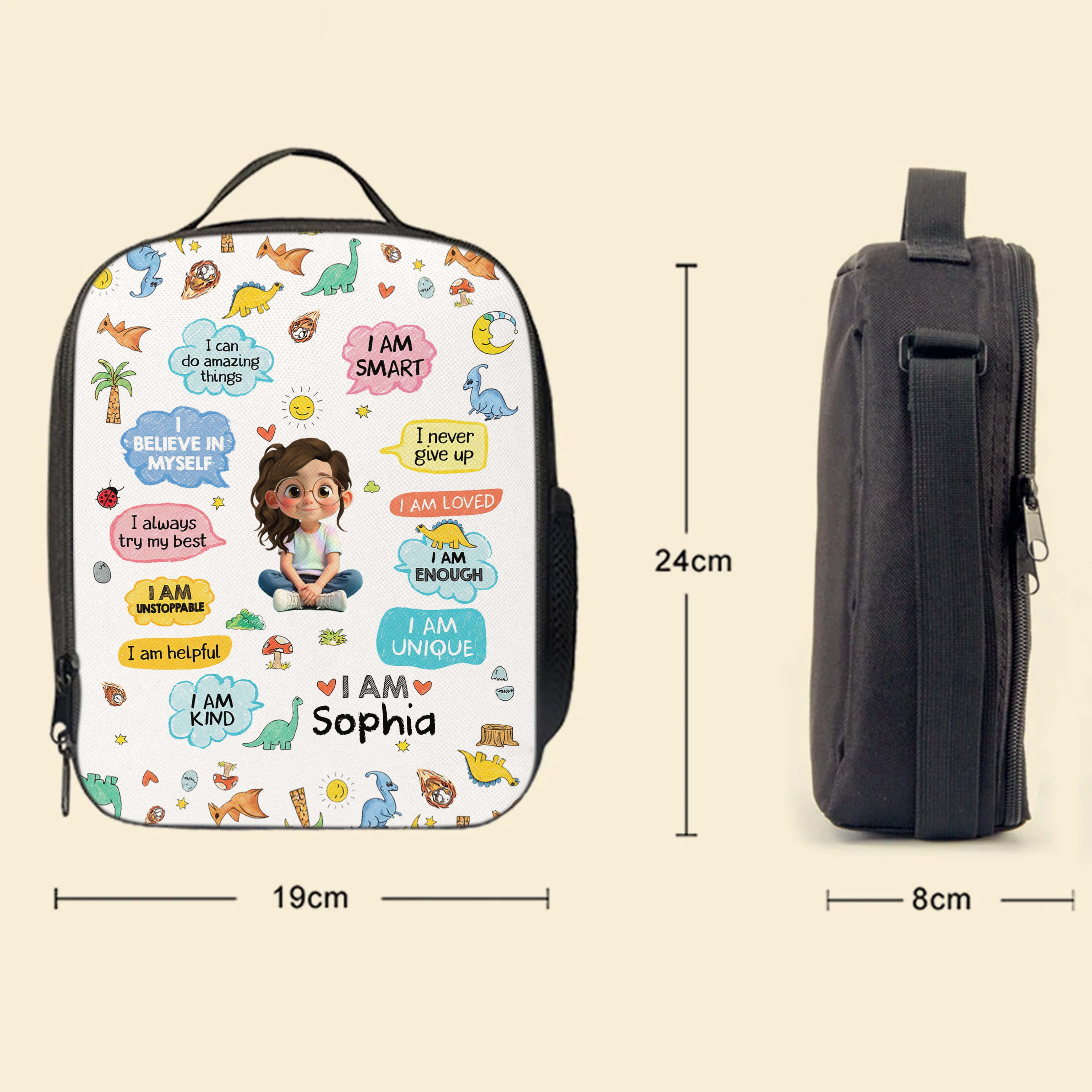 Personalized Kids Lunch Bag with Dinosaurs & Affirmations