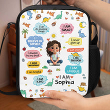 Load image into Gallery viewer, Personalized Kids Lunch Bag with Dinosaurs &amp; Affirmations
