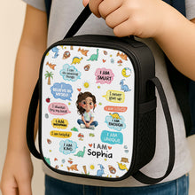 Load image into Gallery viewer, Personalized Kids Lunch Bag with Dinosaurs &amp; Affirmations

