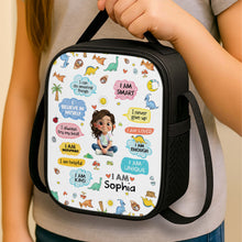 Load image into Gallery viewer, Personalized Kids Lunch Bag with Dinosaurs &amp; Affirmations
