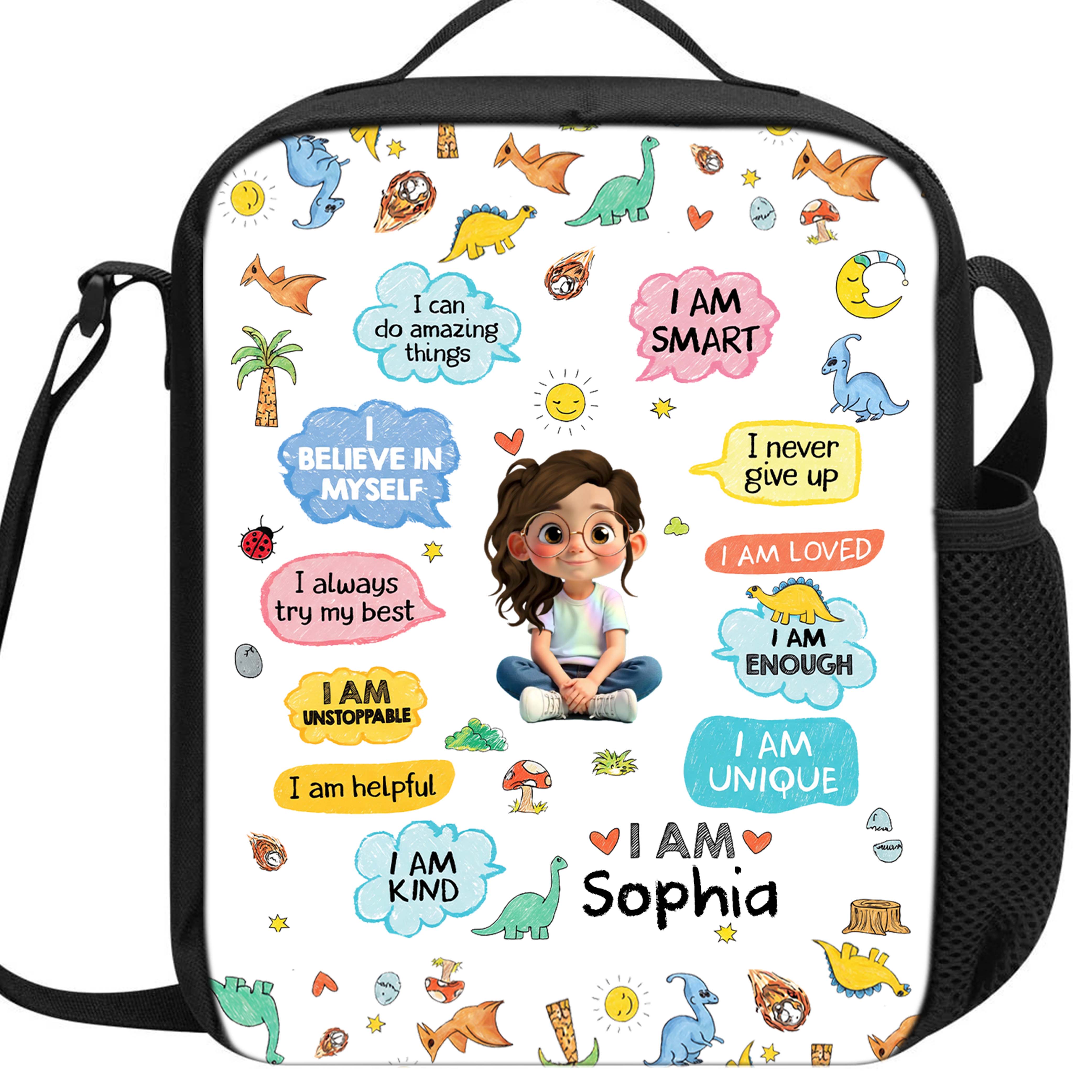 Personalized Kids Lunch Bag with Dinosaurs & Affirmations