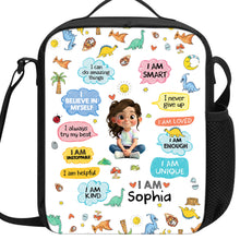 Load image into Gallery viewer, Personalized Kids Lunch Bag with Dinosaurs &amp; Affirmations
