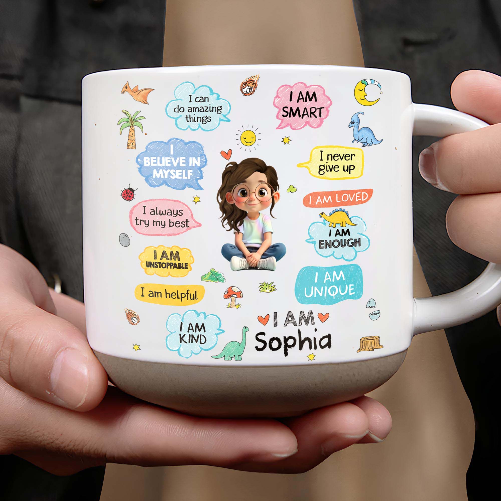 Personalized Dinosaur Affirmations Pottery Mug for Kids Gift
