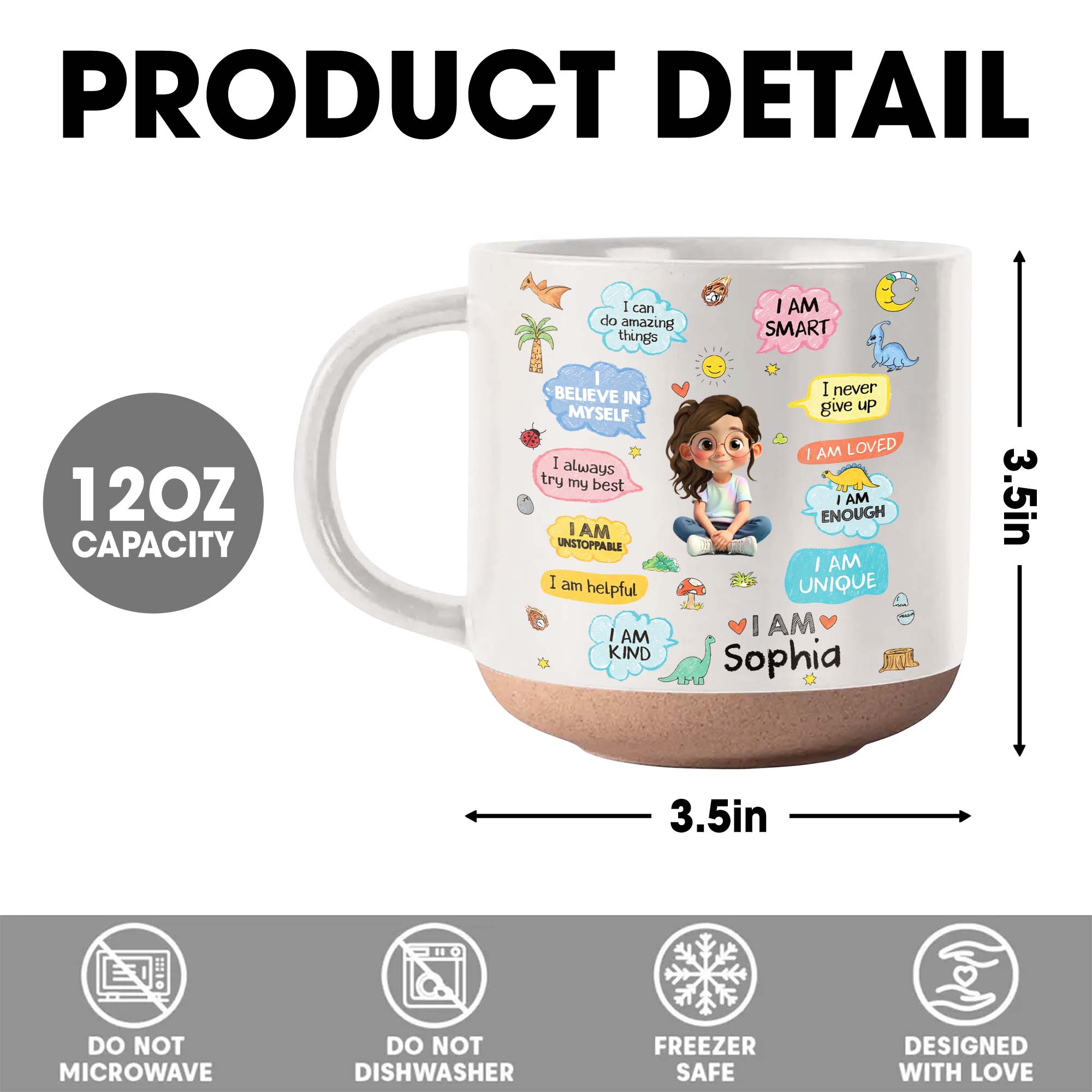 Personalized Dinosaur Affirmations Pottery Mug for Kids Gift