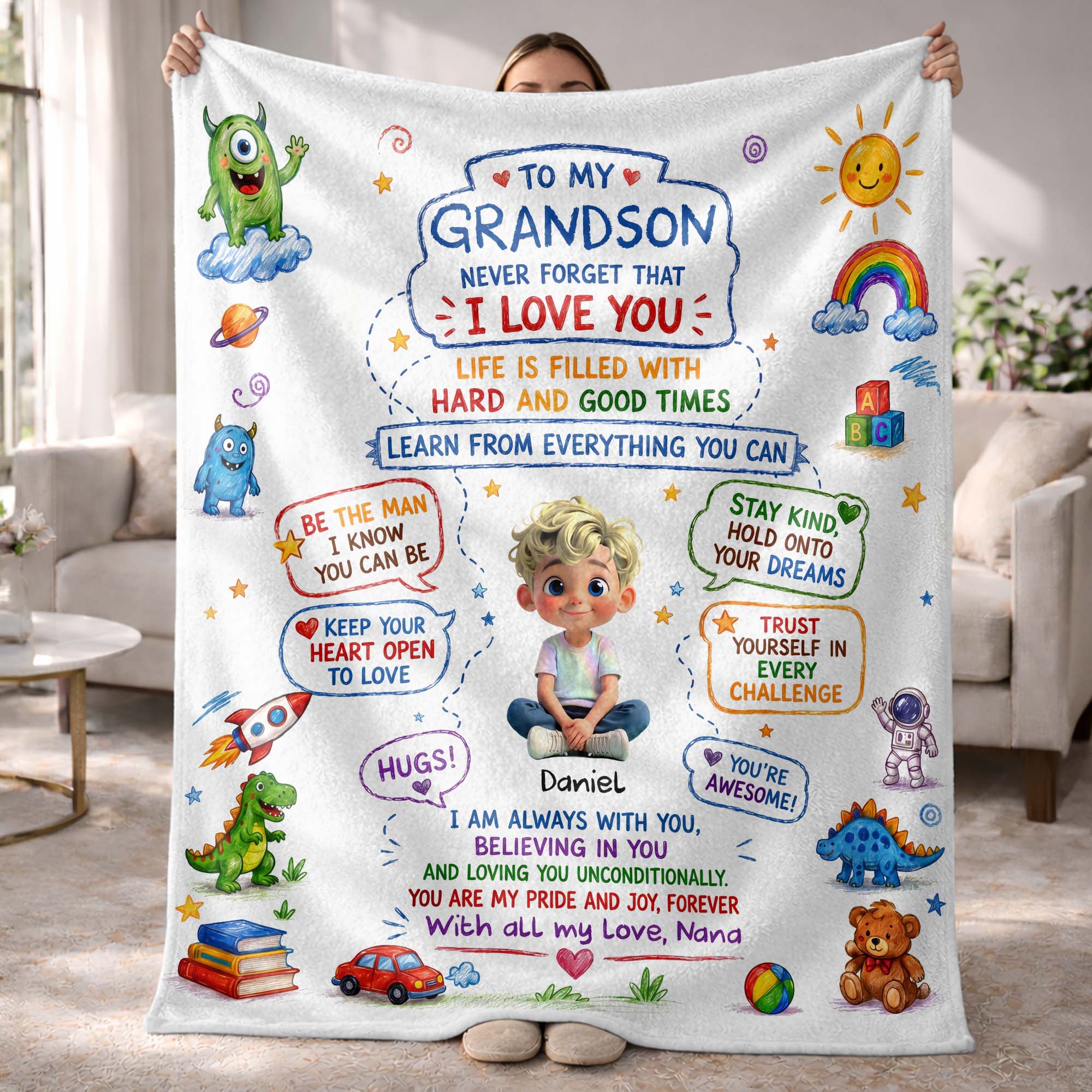 Personalized Custom Blanket with Crayon Art for Grandson