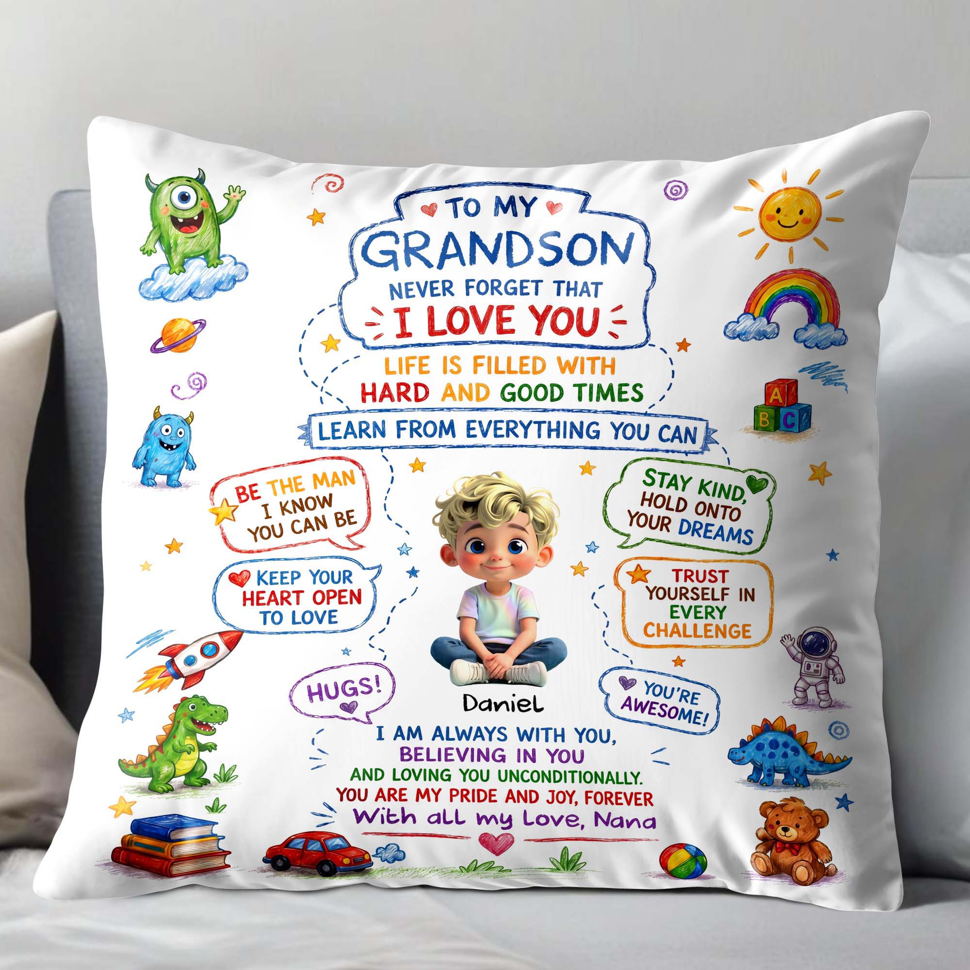 Personalized Dinosaur Pillow Custom Message Gift for Grandson