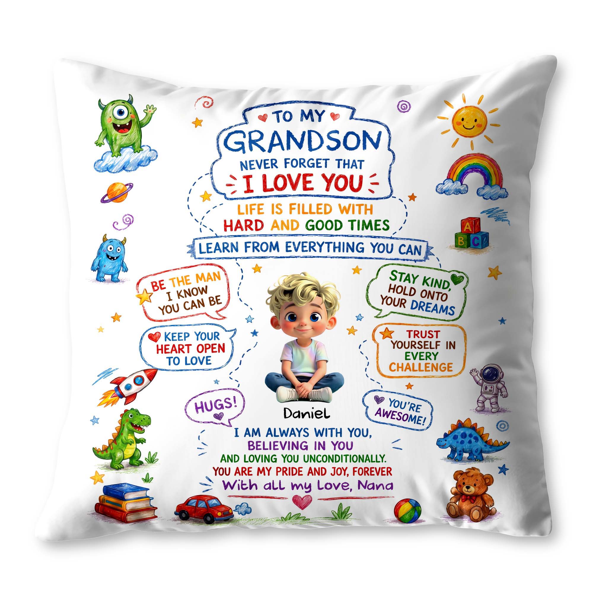 Personalized Dinosaur Pillow Custom Message Gift for Grandson