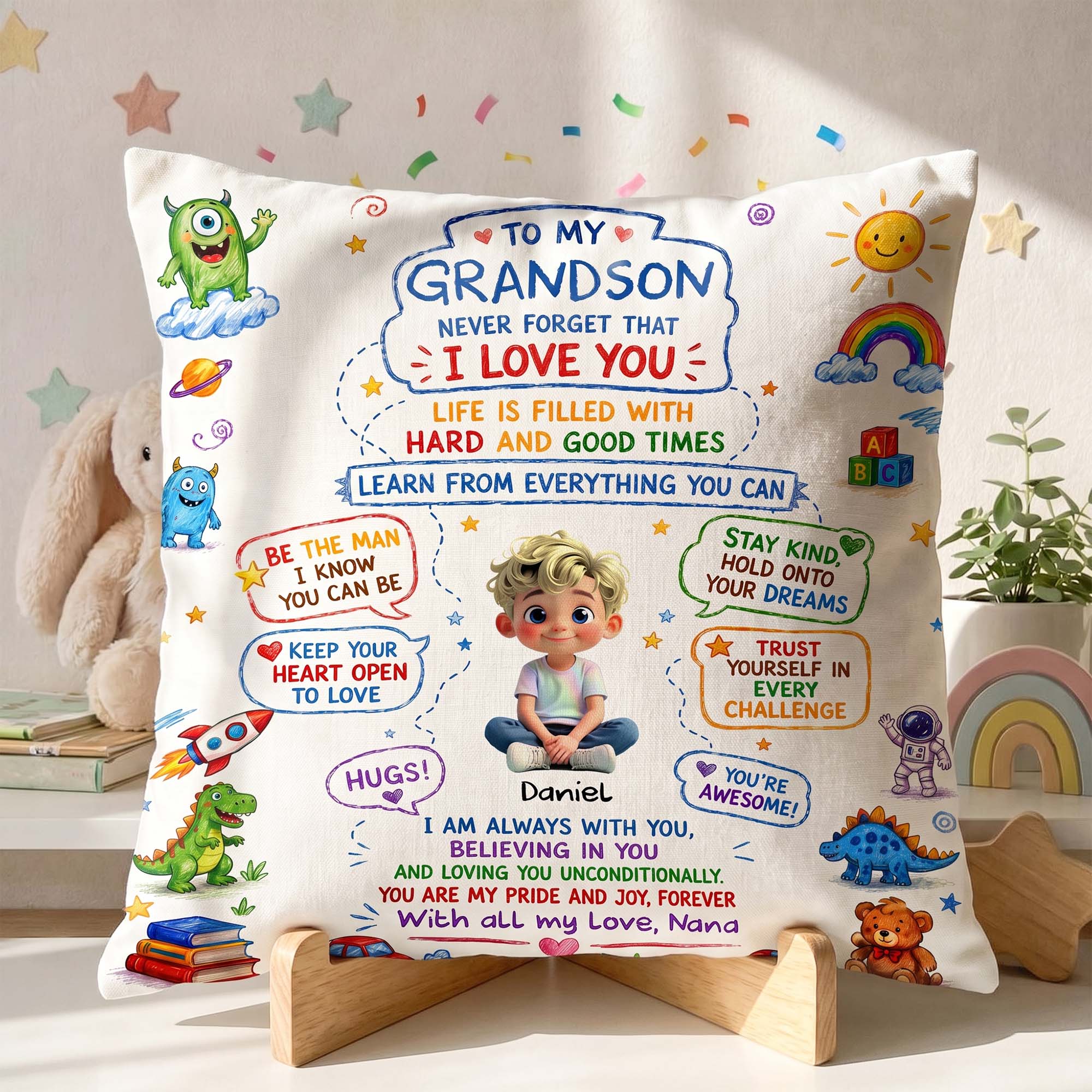 Personalized Dinosaur Pillow Custom Message Gift for Grandson