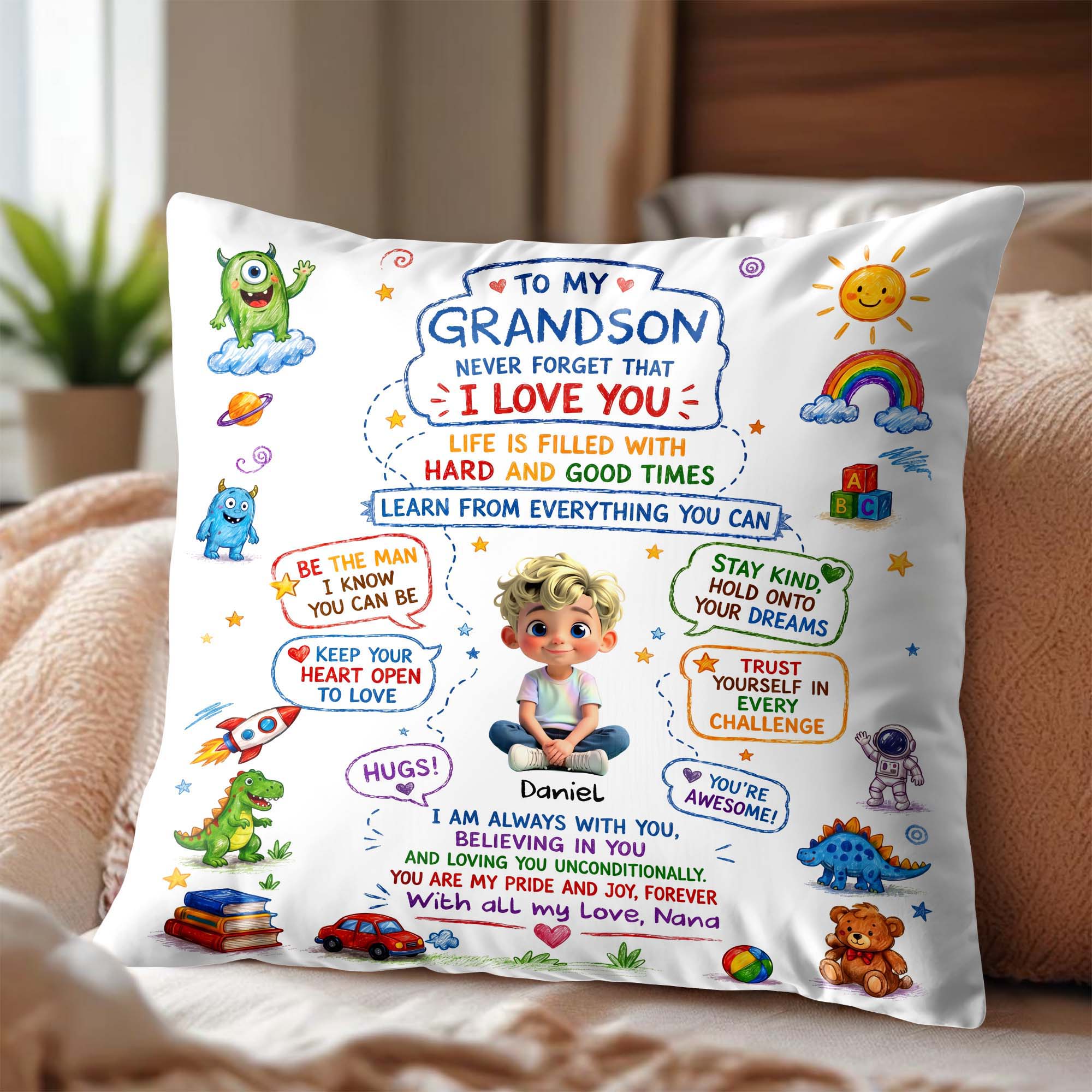 Personalized Dinosaur Pillow Custom Message Gift for Grandson