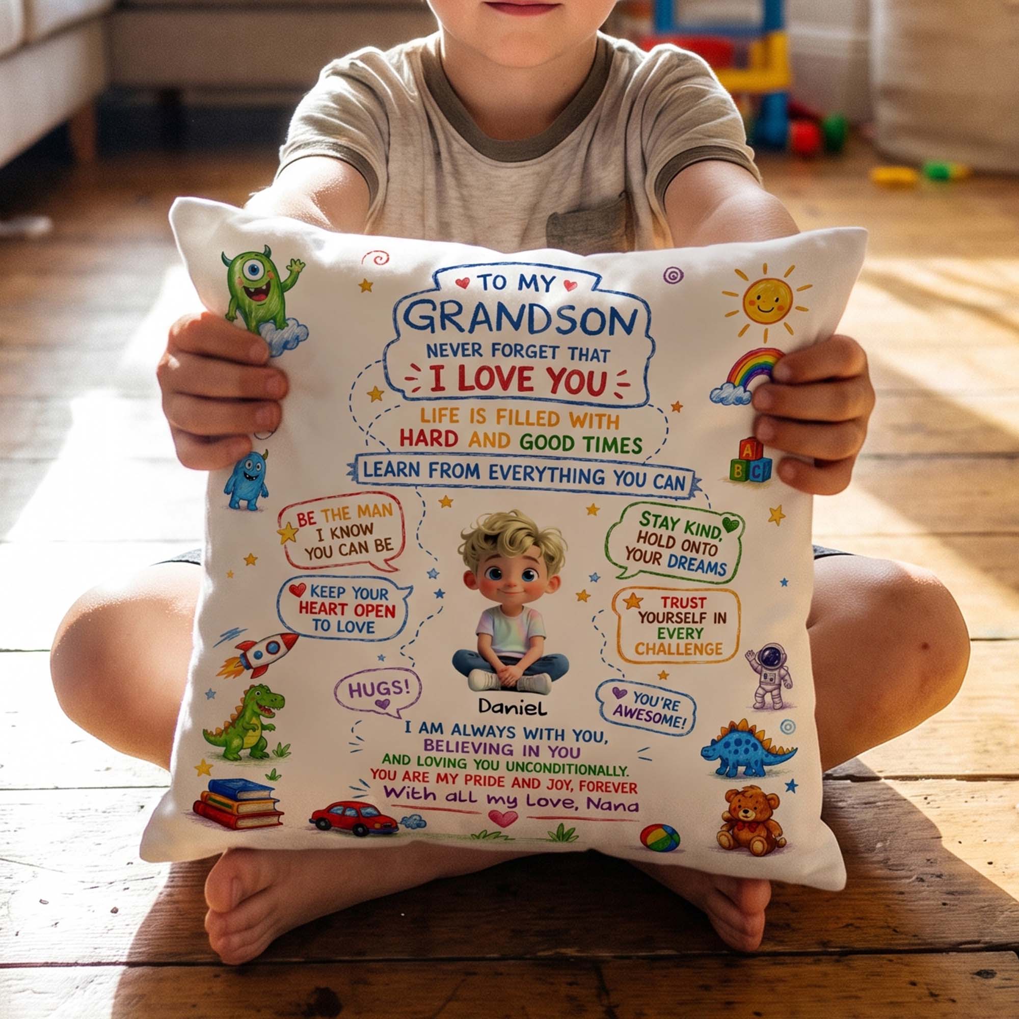 Personalized Dinosaur Pillow Custom Message Gift for Grandson