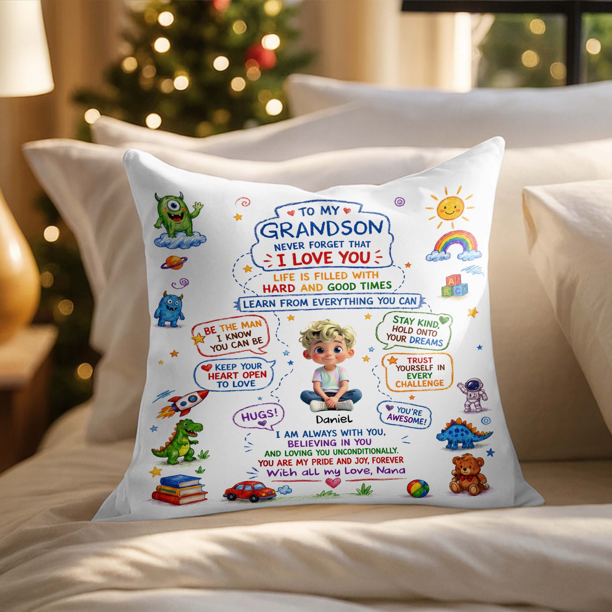 Personalized Dinosaur Pillow Custom Message Gift for Grandson