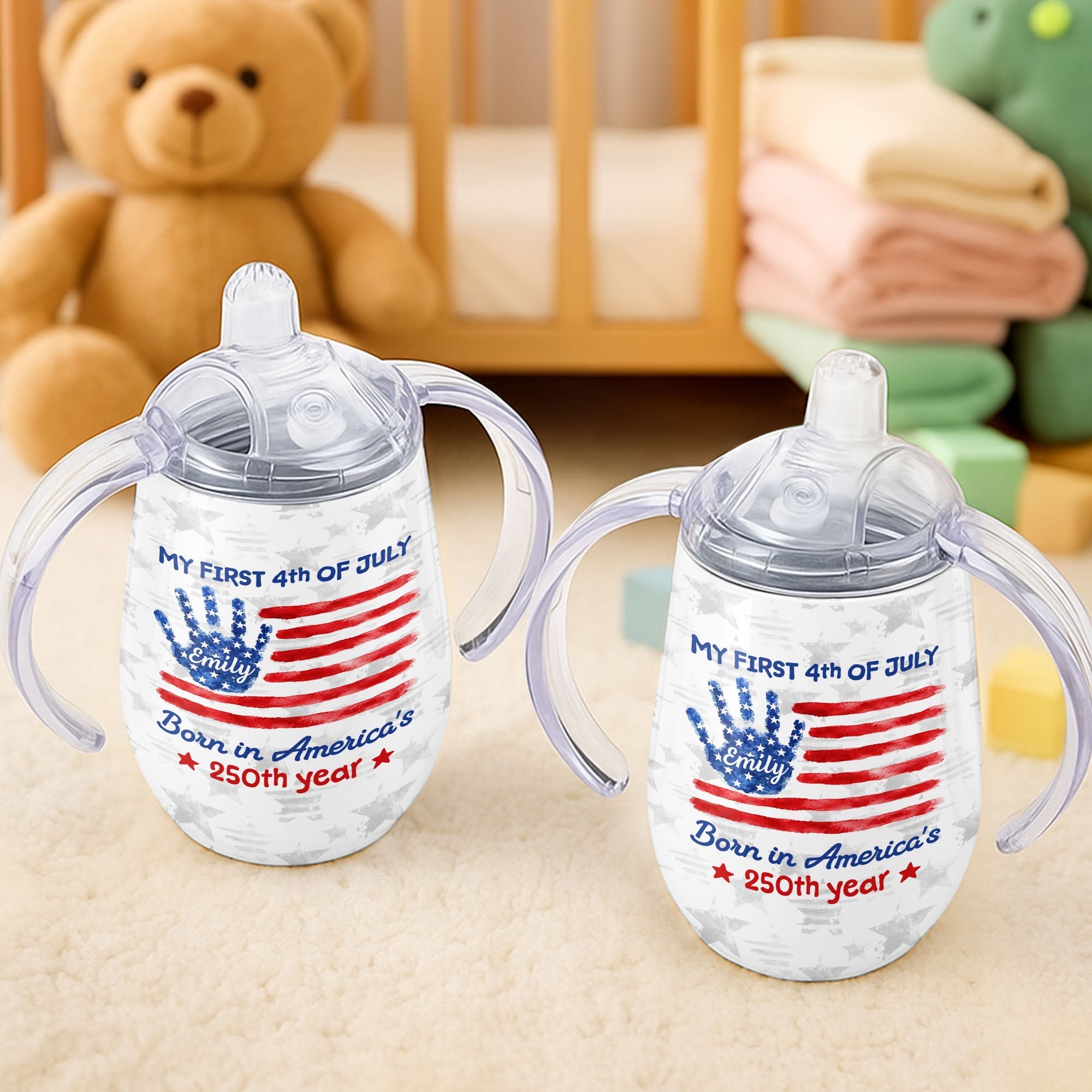 Personalized 4th of July American Flag Sippy Cup Custom Name Gift for Kids
