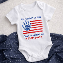 Load image into Gallery viewer, Personalized 4th of July Handprint Baby Onesie Custom Name Gift
