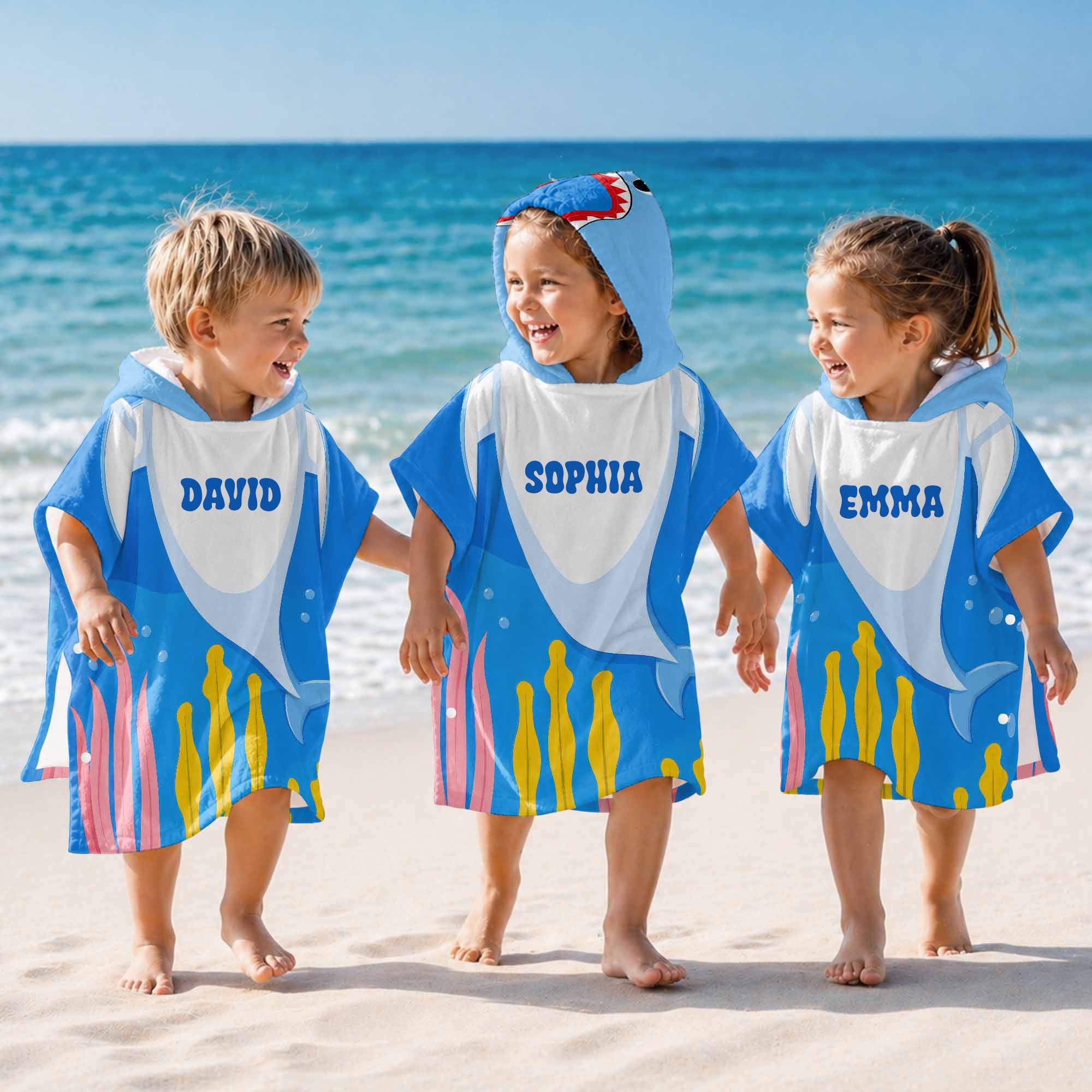 Personalized Kids Hooded Beach Towel Custom Seaweed Shark Gift for Girls, Boys