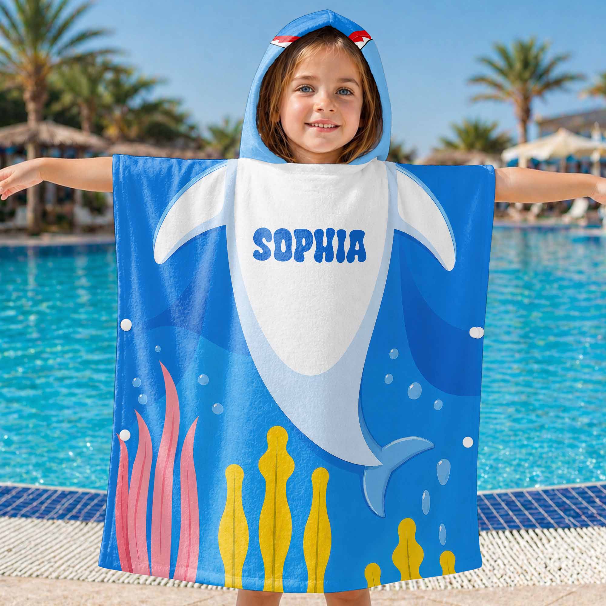 Personalized Kids Hooded Beach Towel Custom Seaweed Shark Gift for Girls, Boys