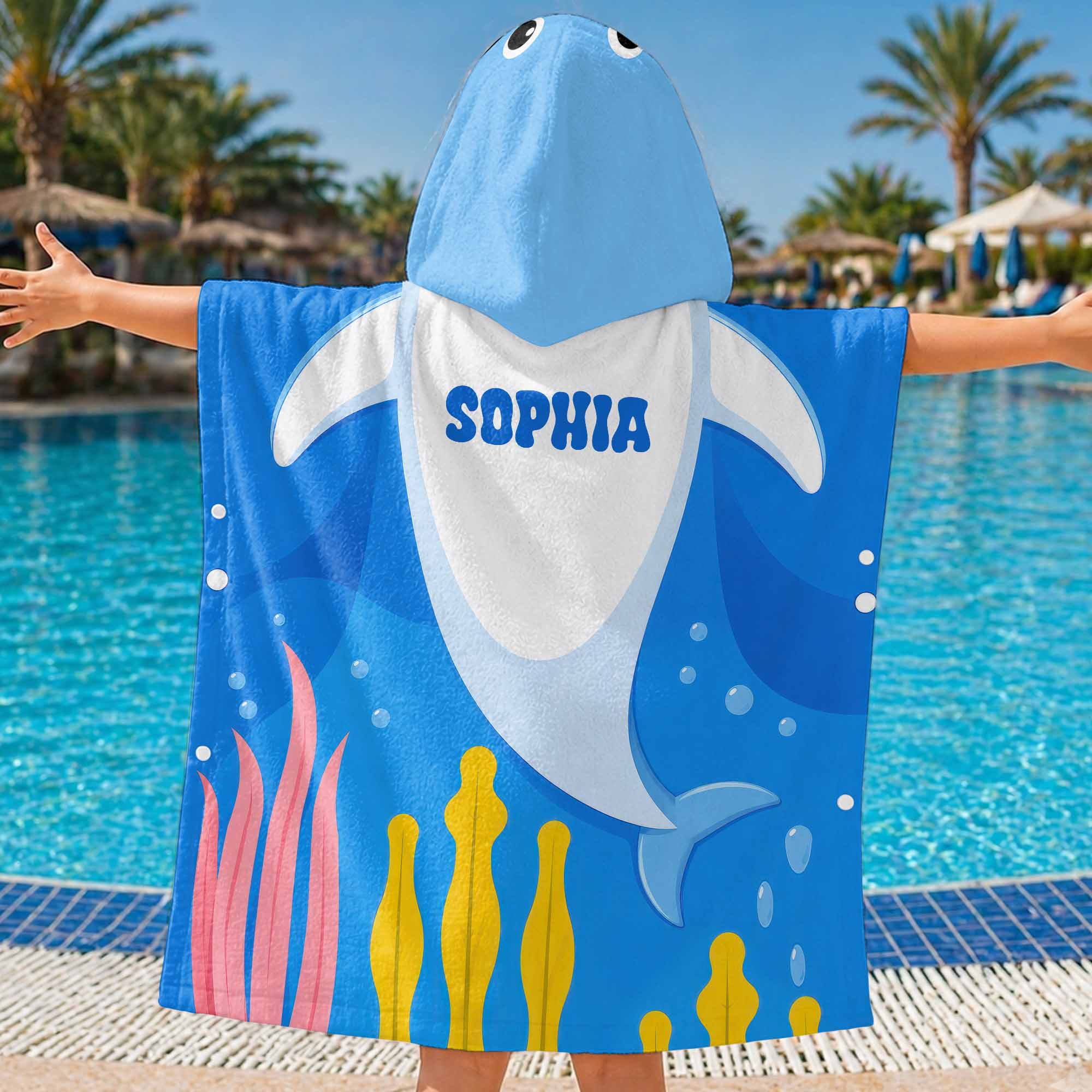 Personalized Kids Hooded Beach Towel Custom Seaweed Shark Gift for Girls, Boys