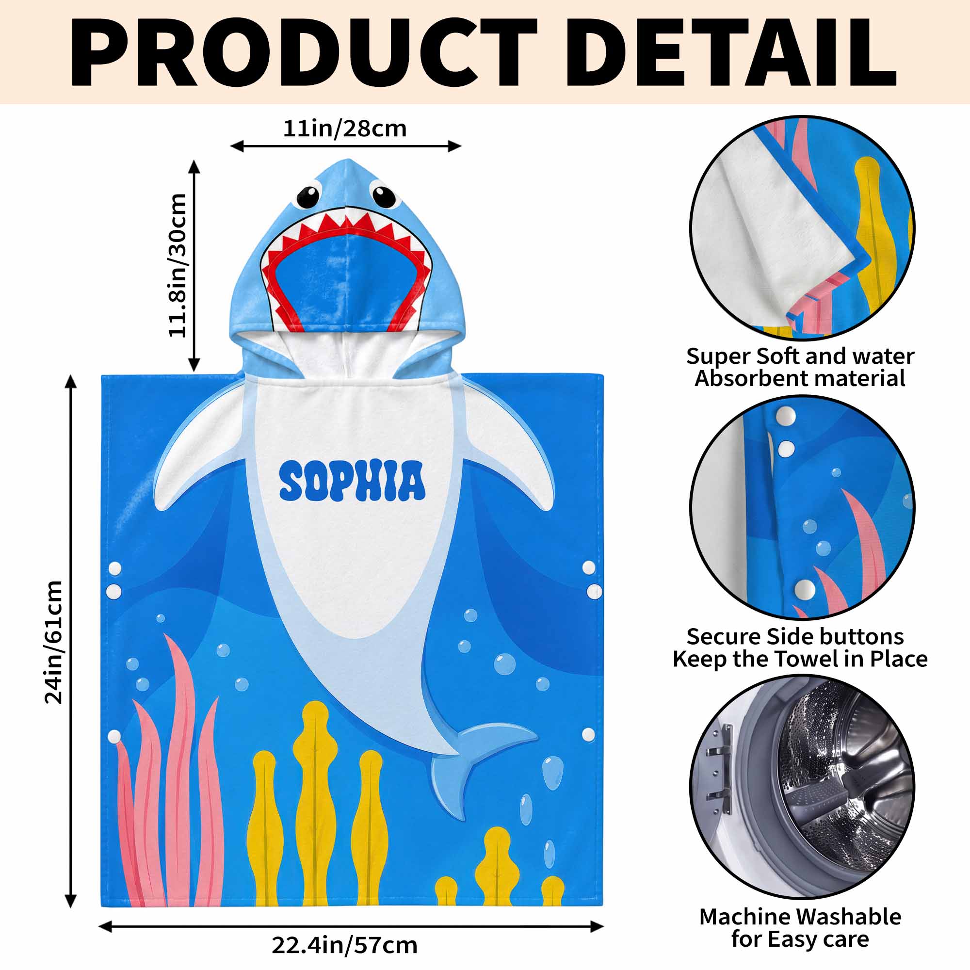 Personalized Kids Hooded Beach Towel Custom Seaweed Shark Gift for Girls, Boys