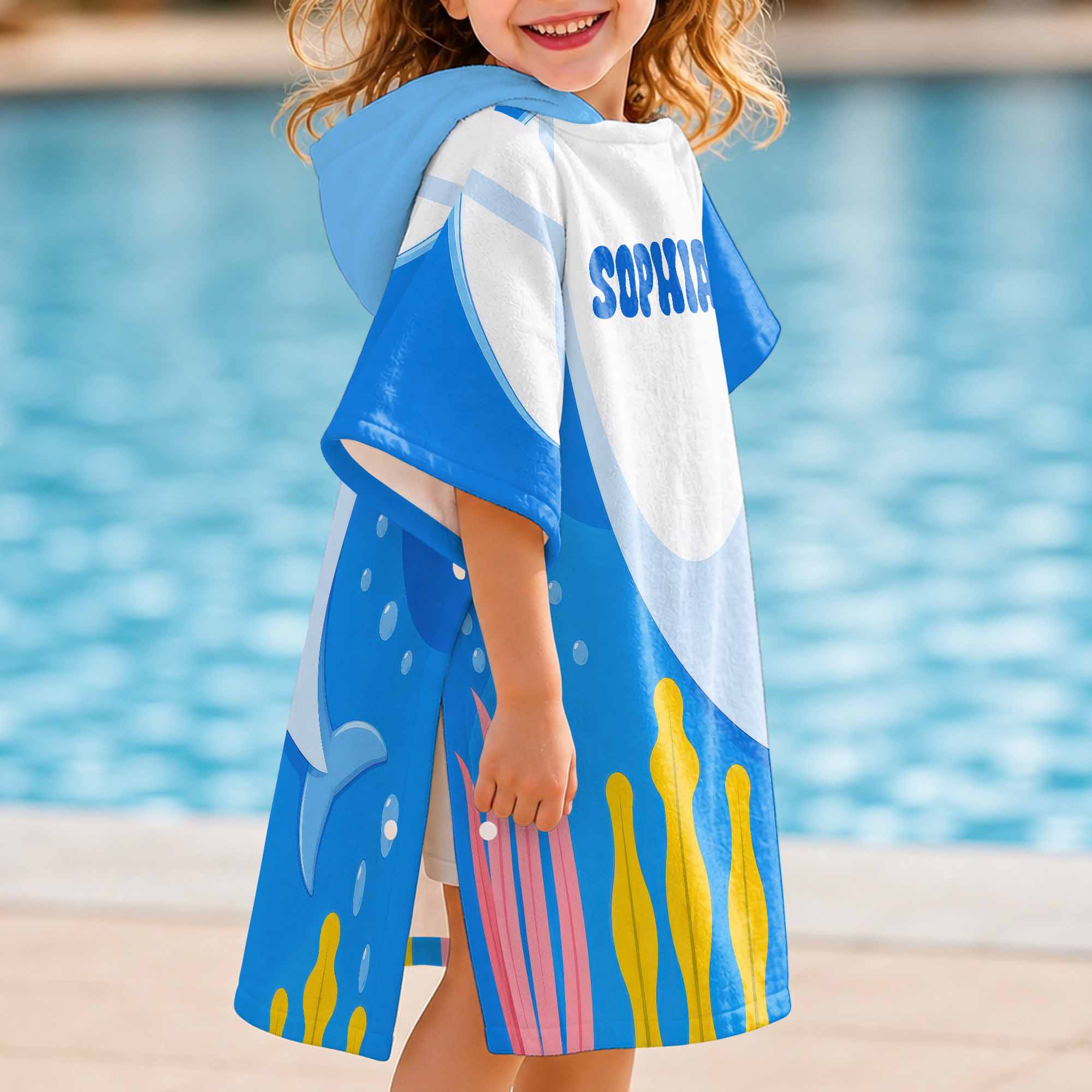 Personalized Kids Hooded Beach Towel Custom Seaweed Shark Gift for Girls, Boys