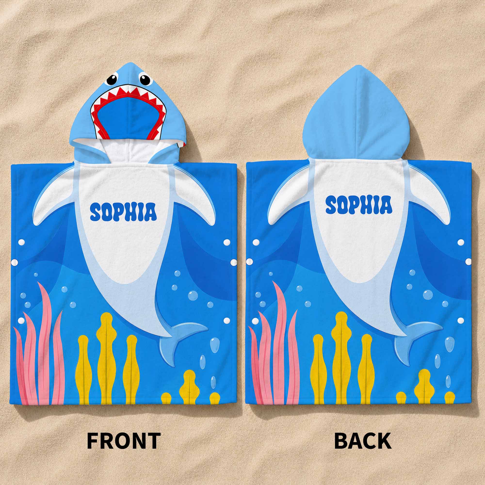 Personalized Kids Hooded Beach Towel Custom Seaweed Shark Gift for Girls, Boys